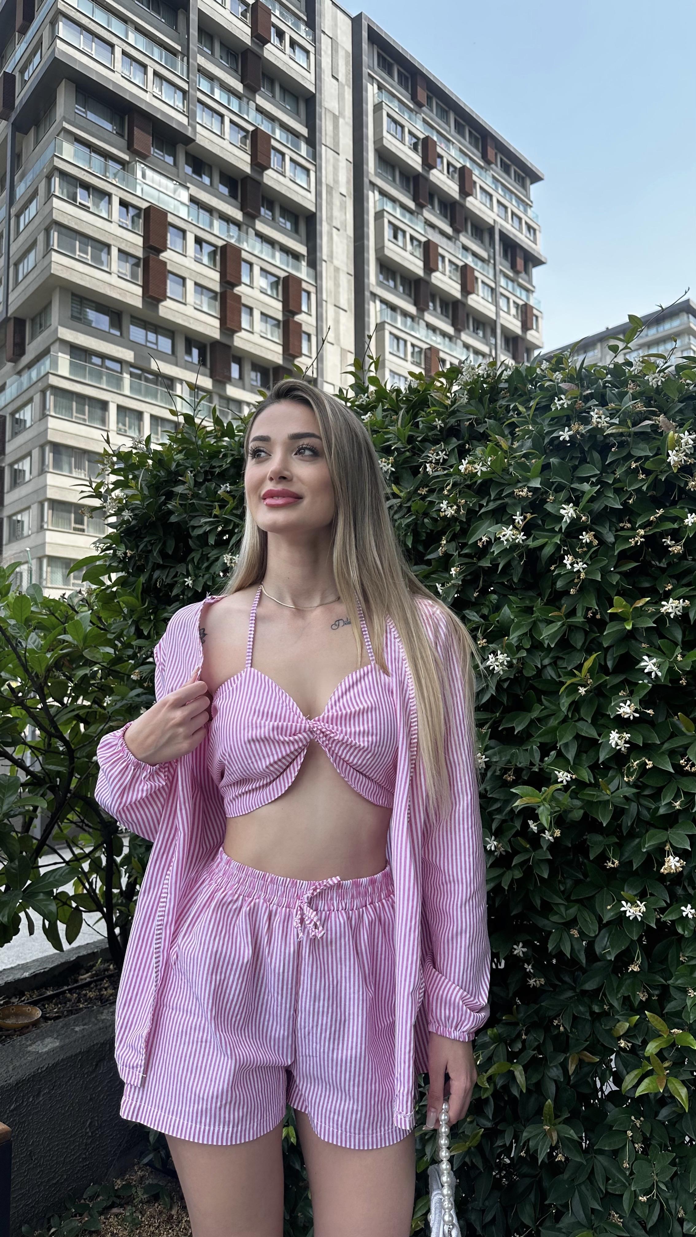 Kadın Üçlü Şort Gömlek Büstiyer Takım