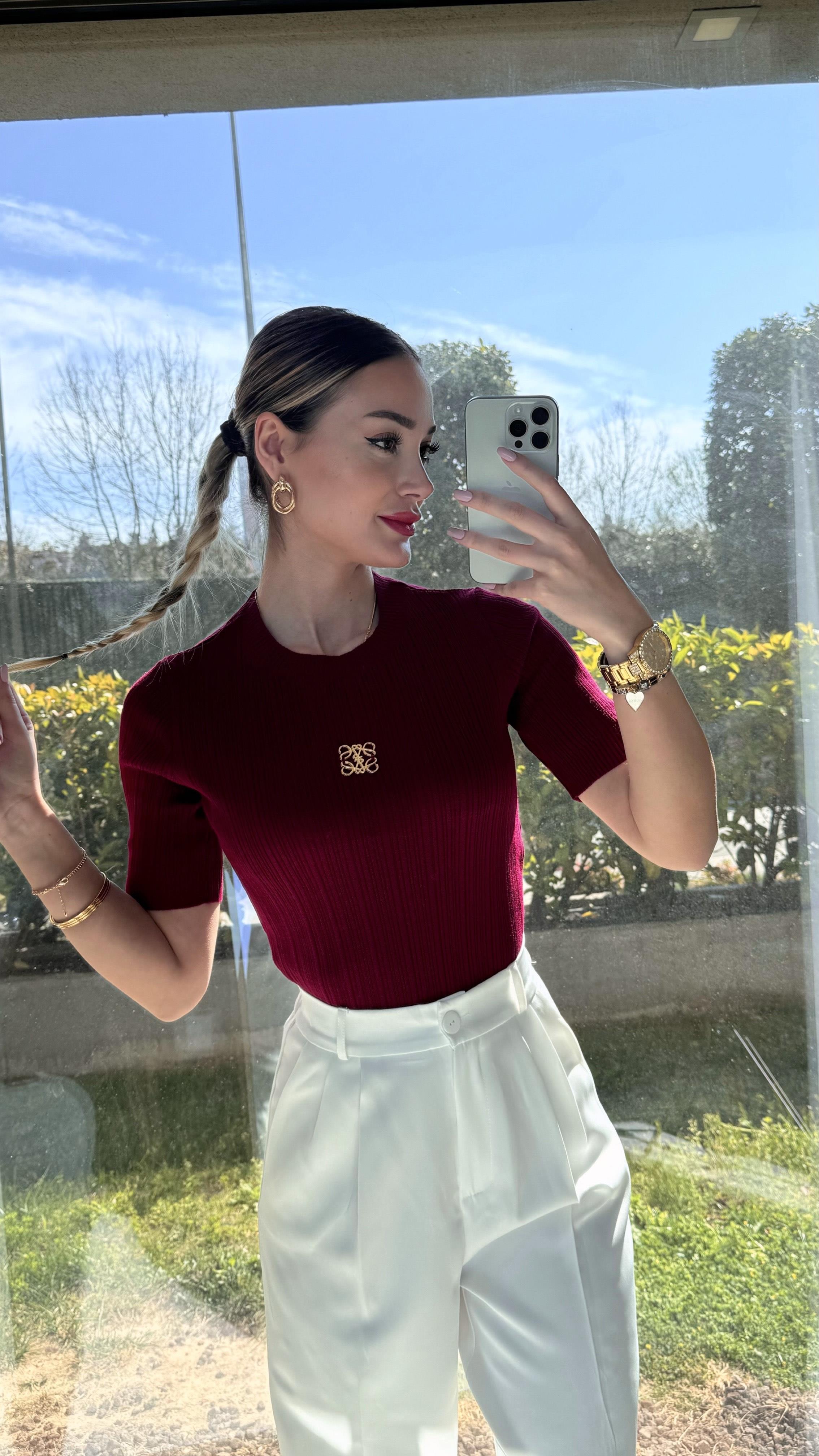 Kadın Yarım Kollu Bordo Triko Bluz
