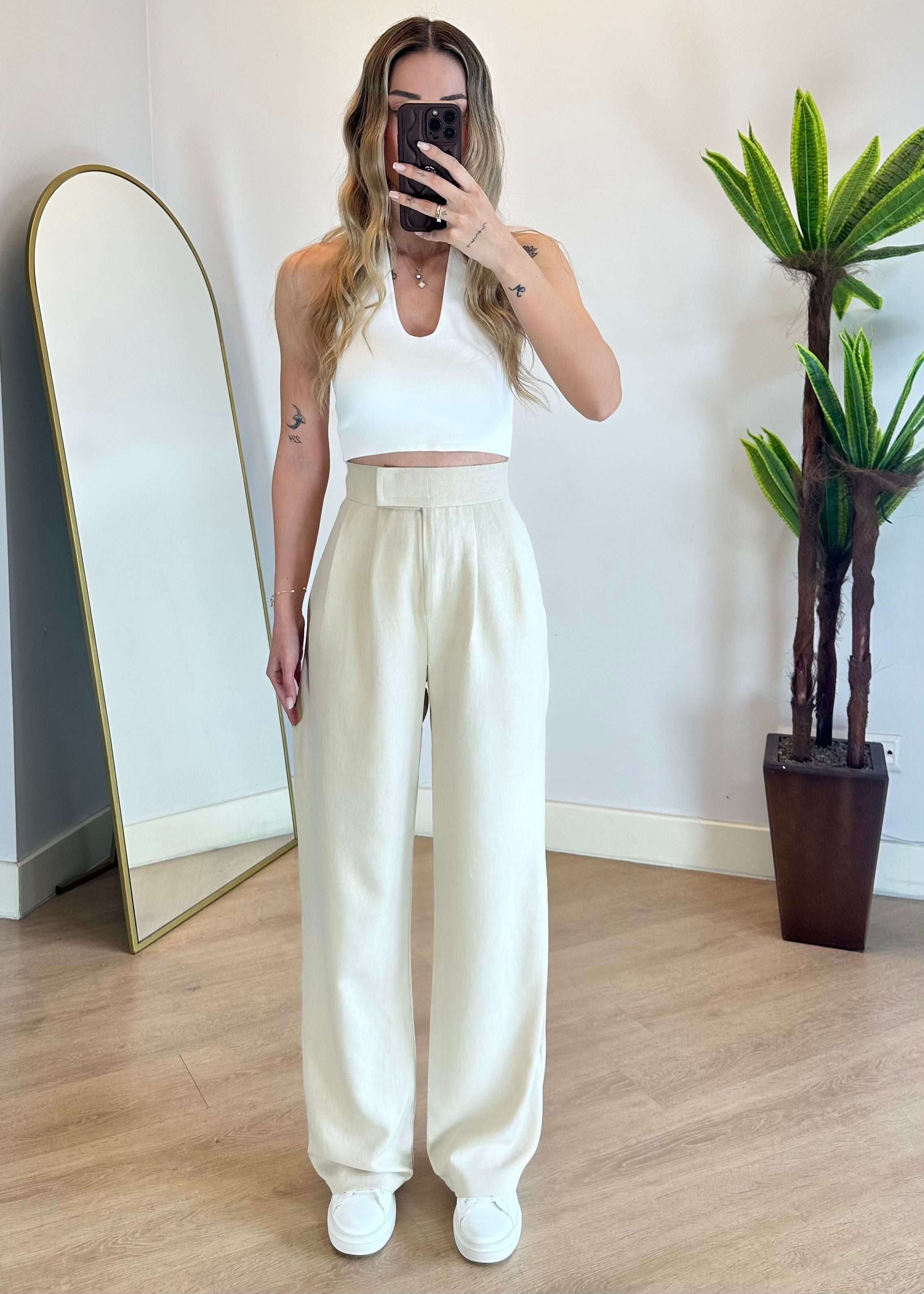 Kayli Krem Keten Palazzo Pantolon