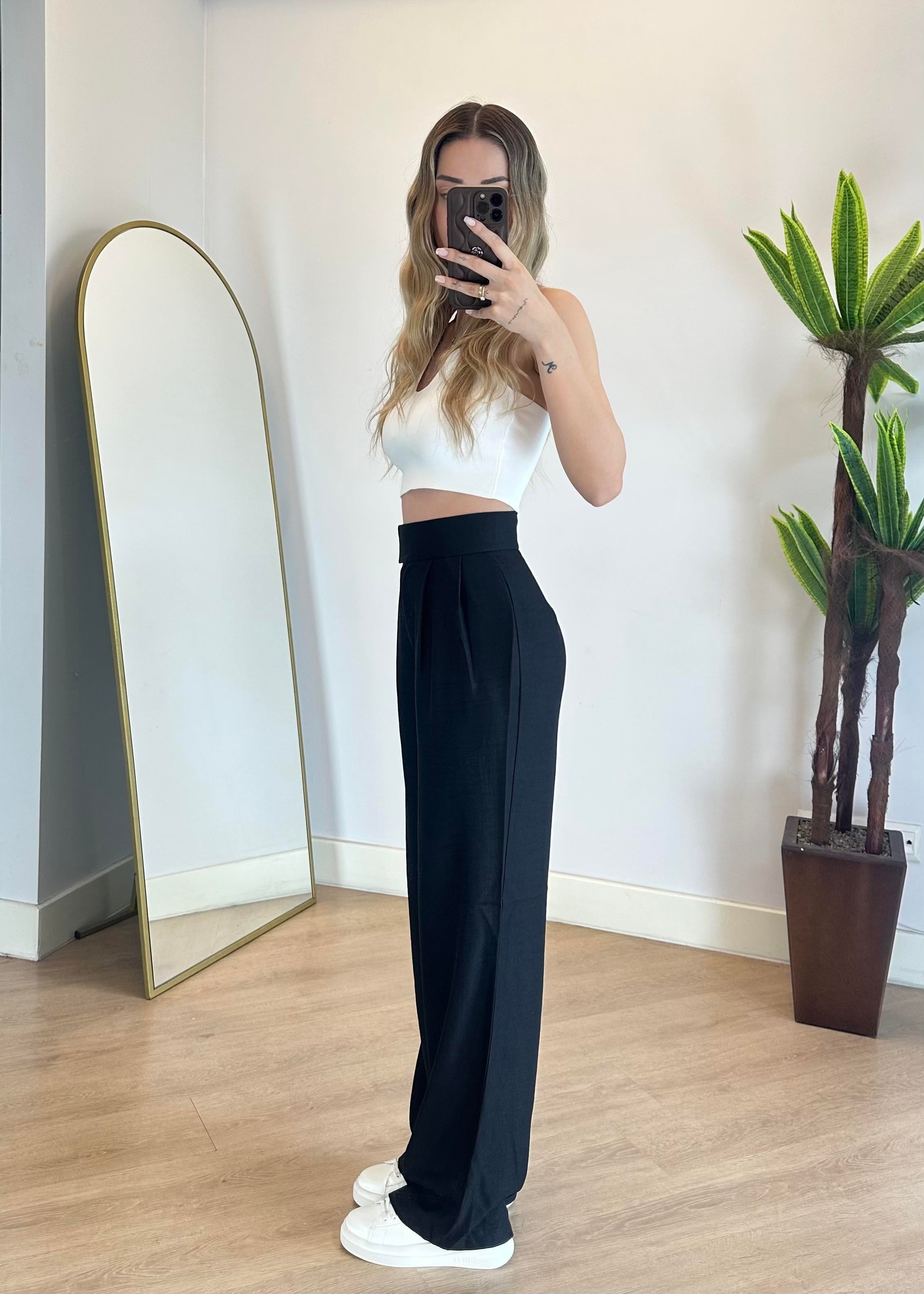 Kayli Siyah Keten  Palazzo Pantolon
