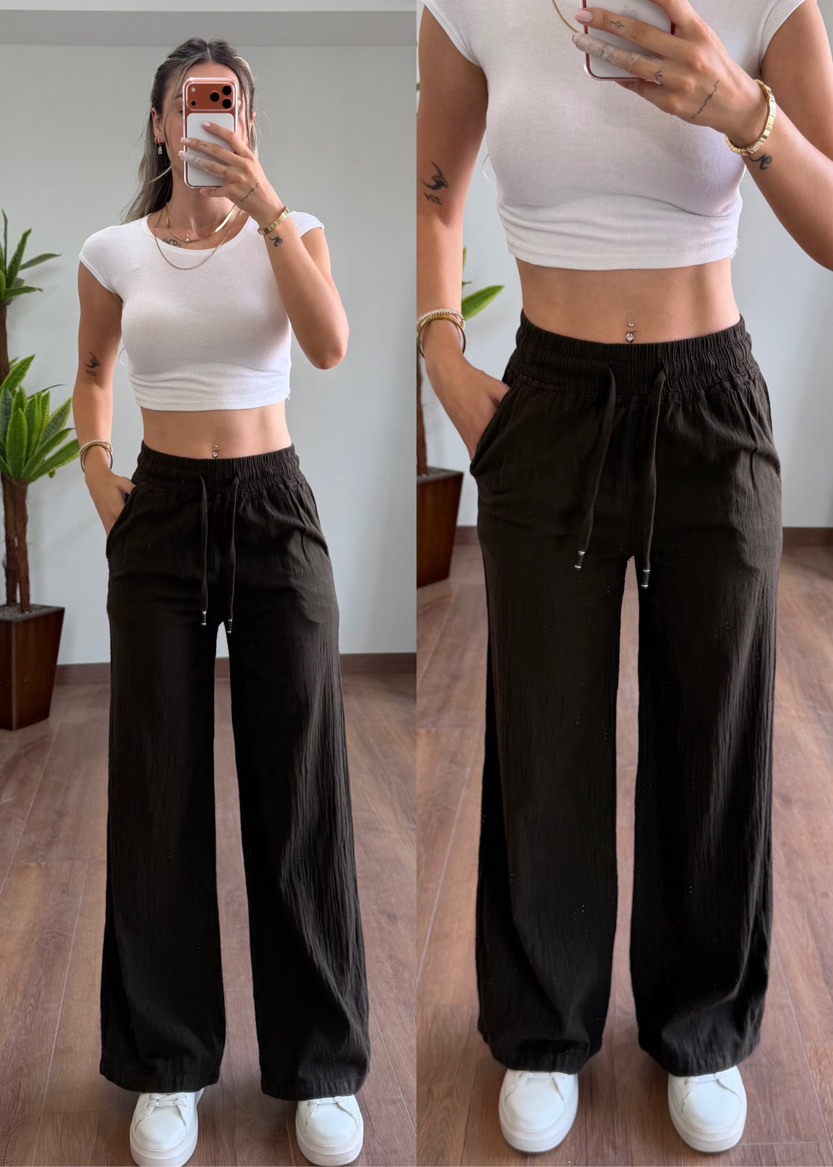 Keten Kahve Bağlamalı Pantolon
