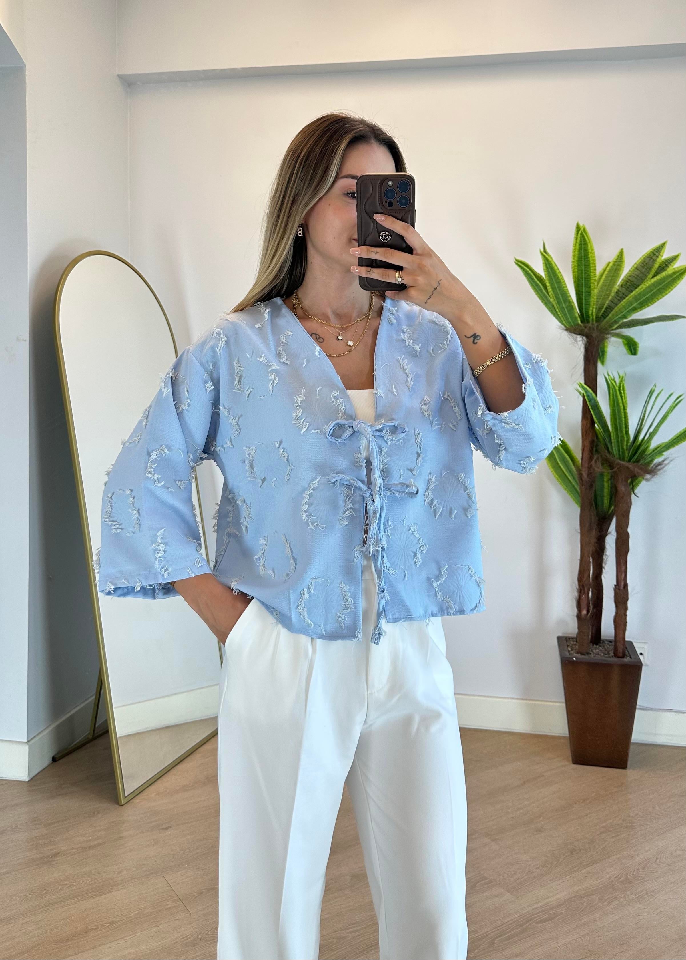 Lady Mavi Dokulu Kimono Gömlek