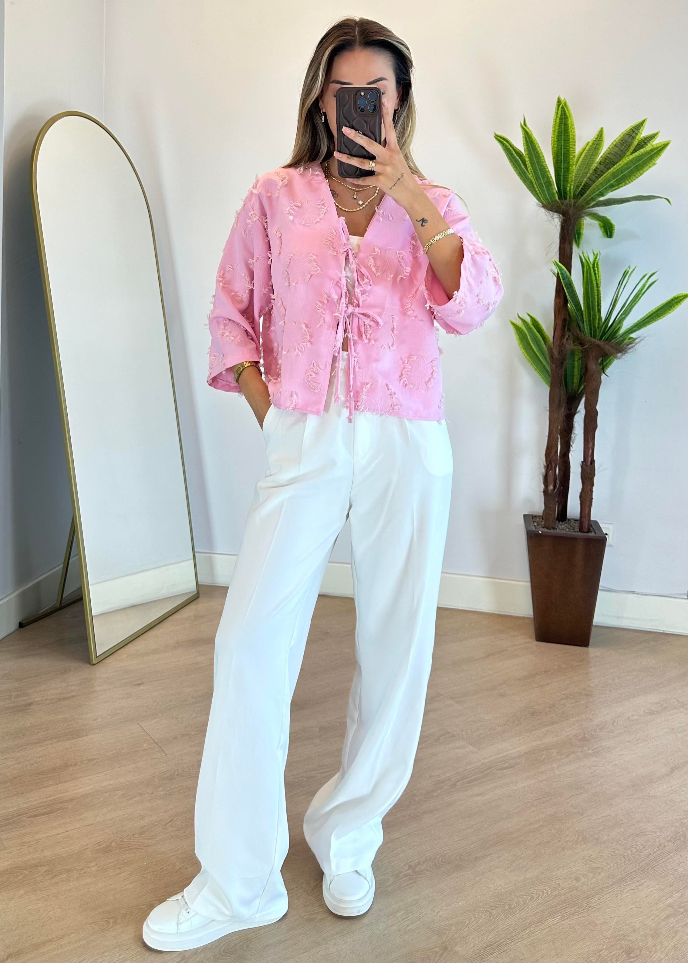 Lady Pembe Dokulu Kimono Gömlek