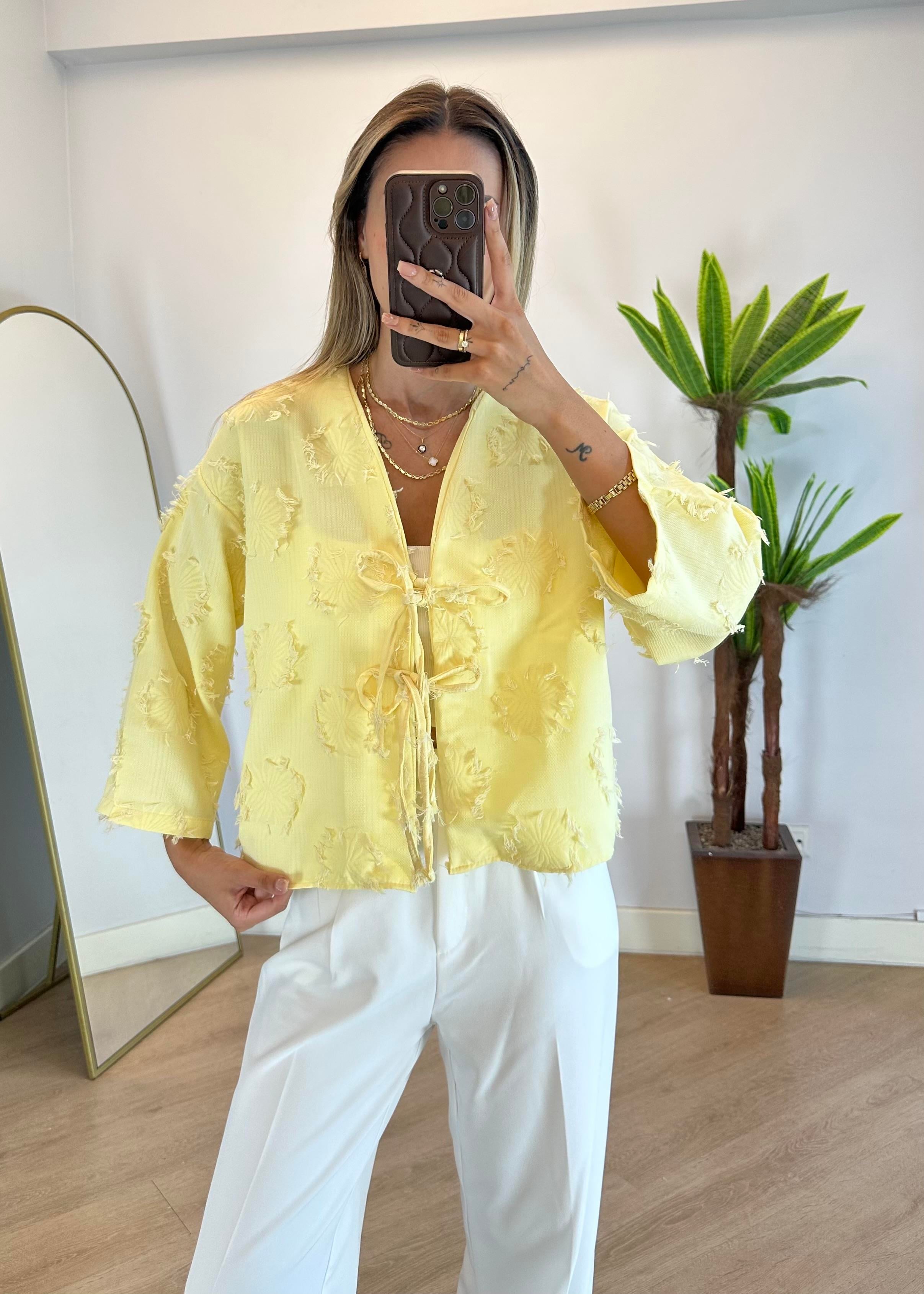 Lady Sarı Dokulu Kimono Gömlek