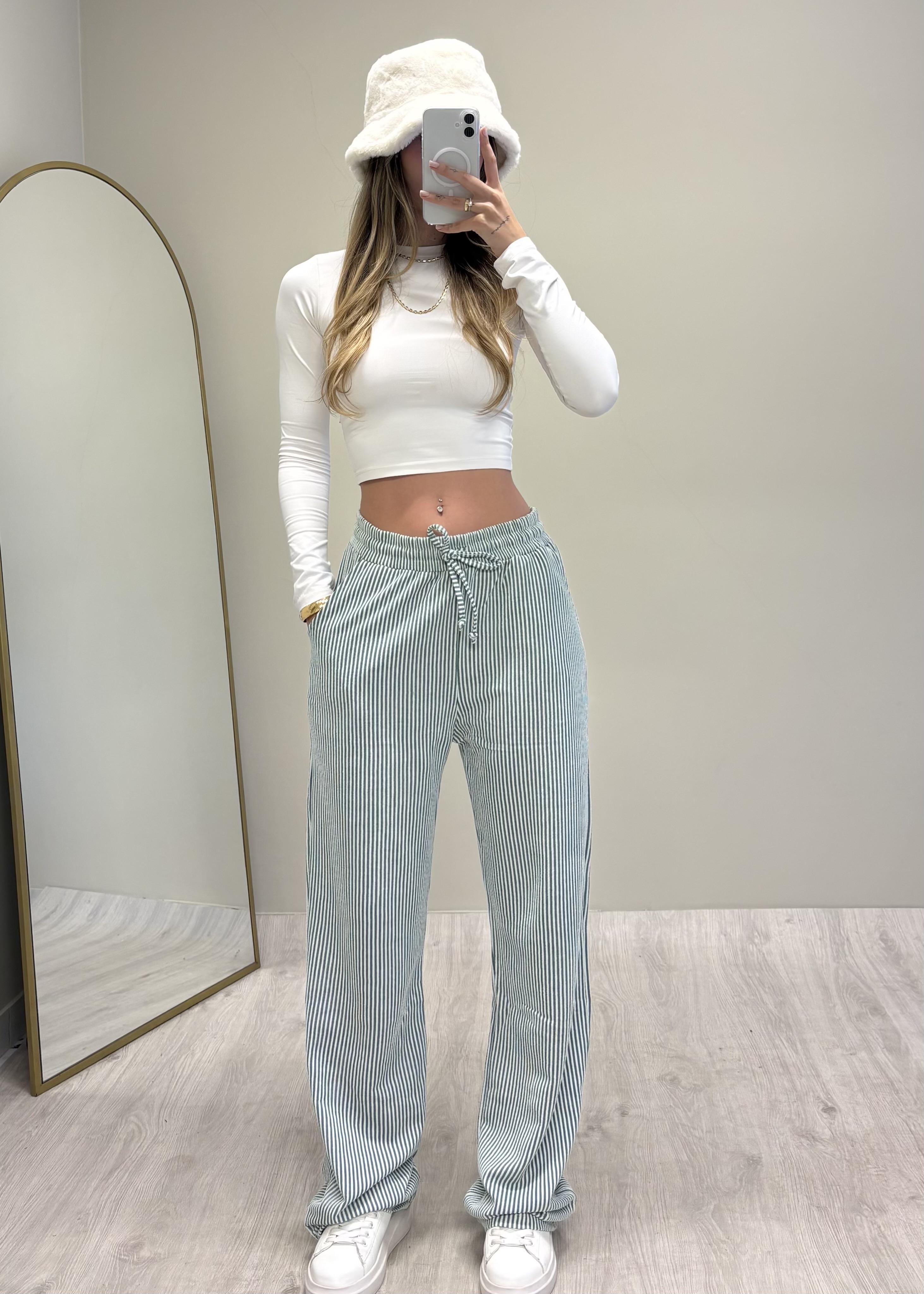 Lezy Çizgili Yeşil Pantolon