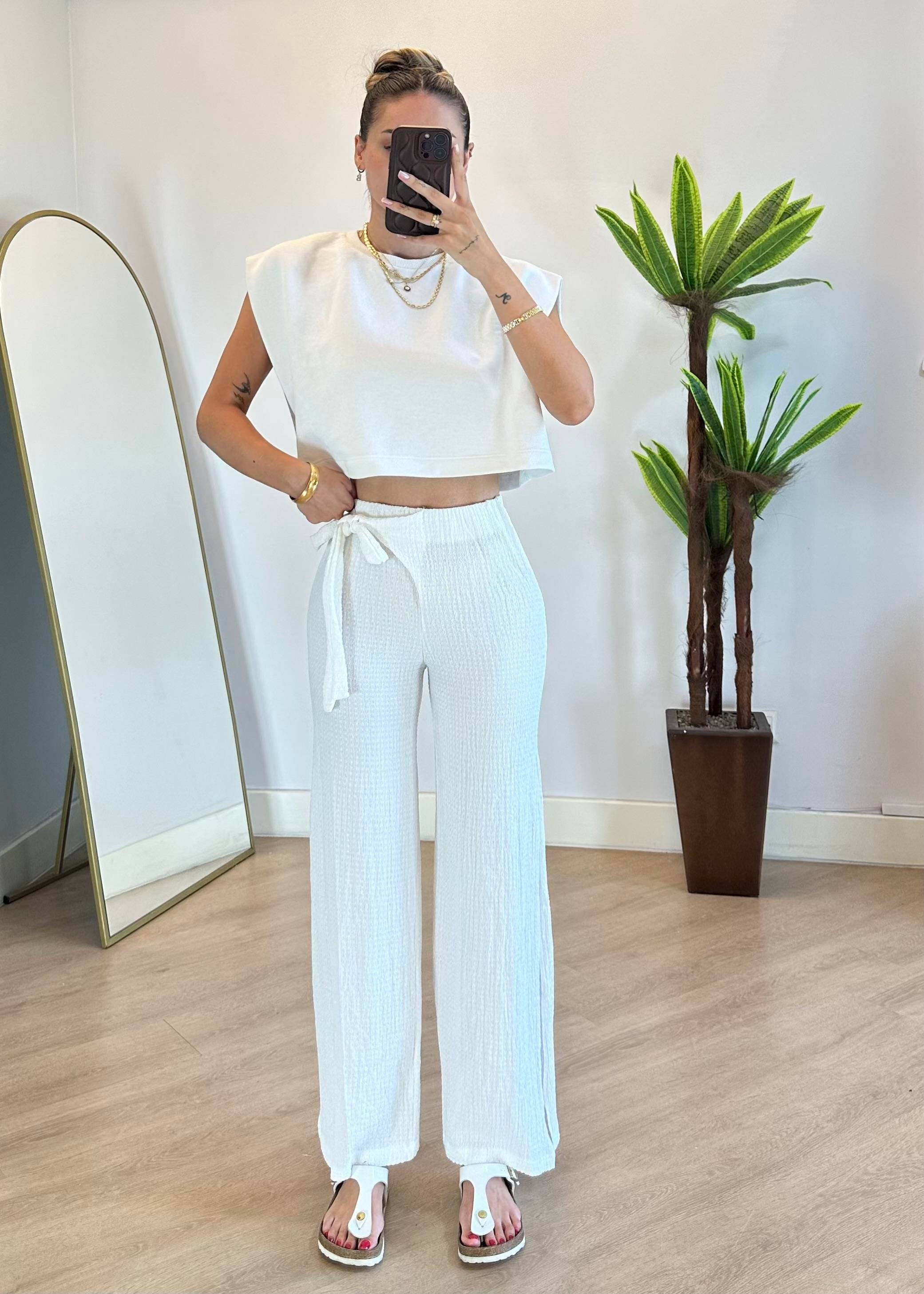 Linda Beyaz Yırtmaç Pantolon