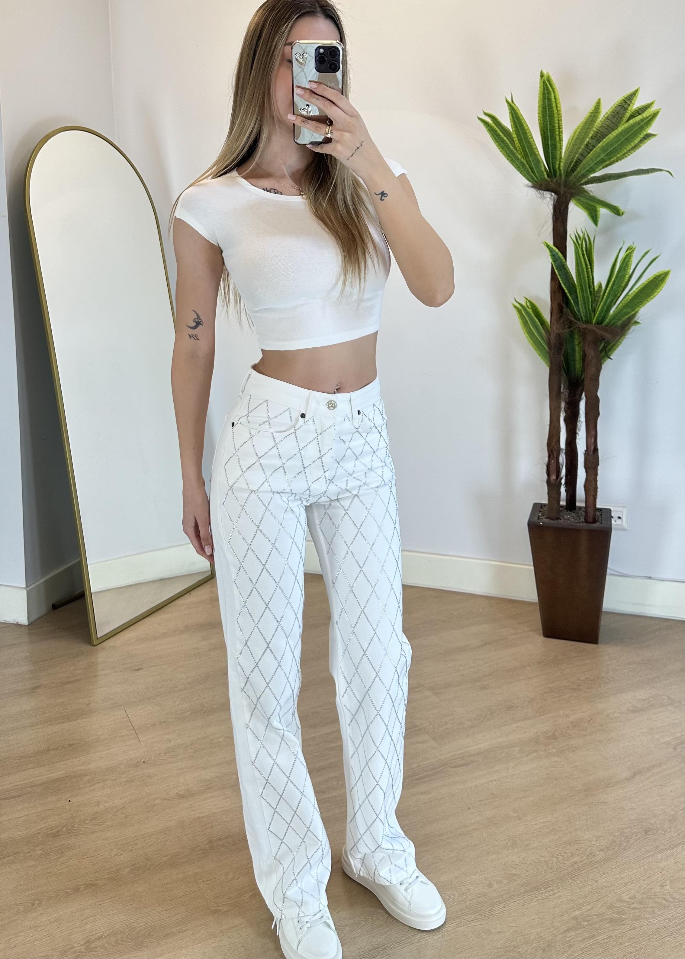 Lucid Taşlı Beyaz Palazzo Jean
