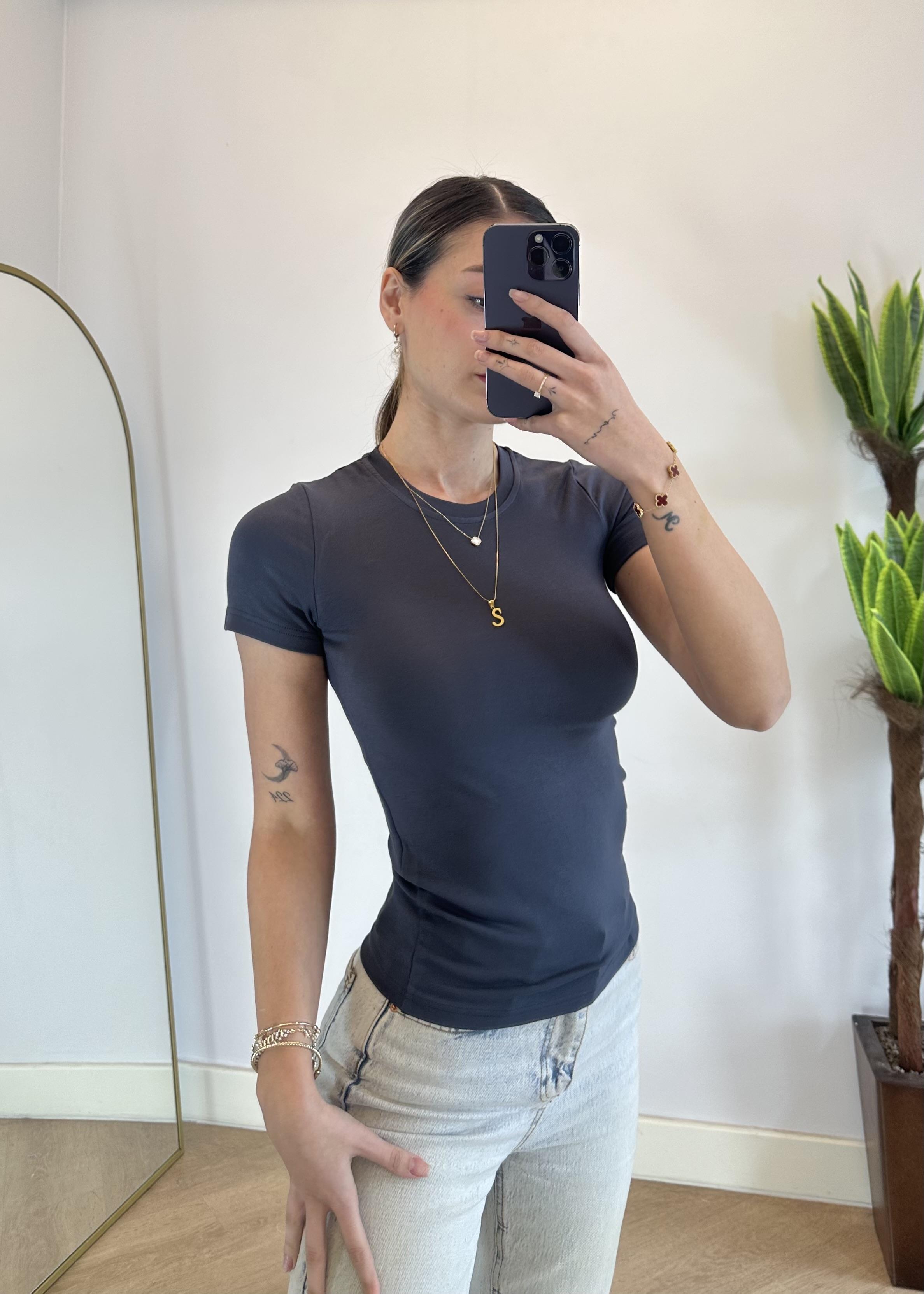 Mary Yarım Kollu Antrasit Pamuklu Body