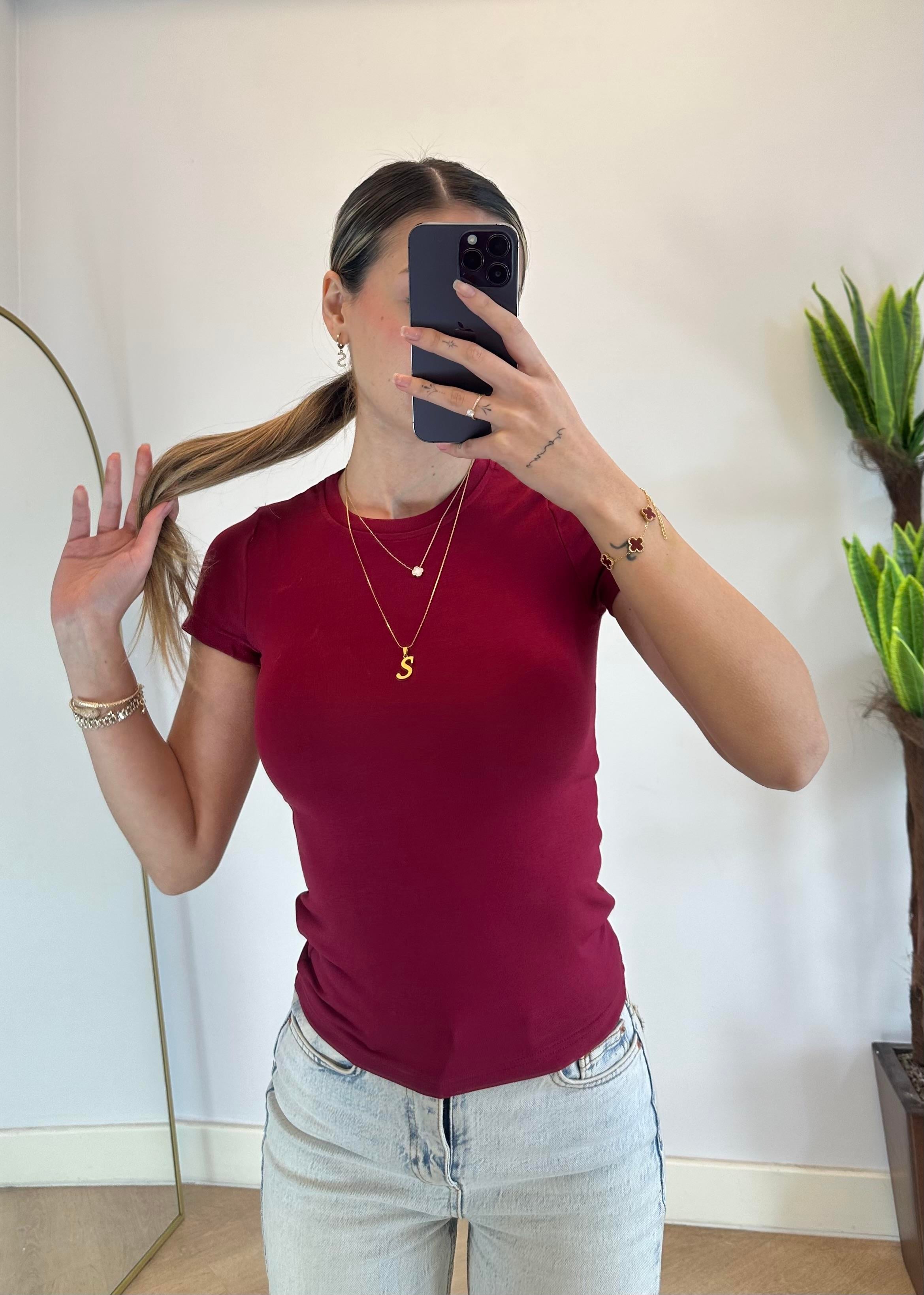 Mary Yarım Kollu Bordo Pamuklu  Body
