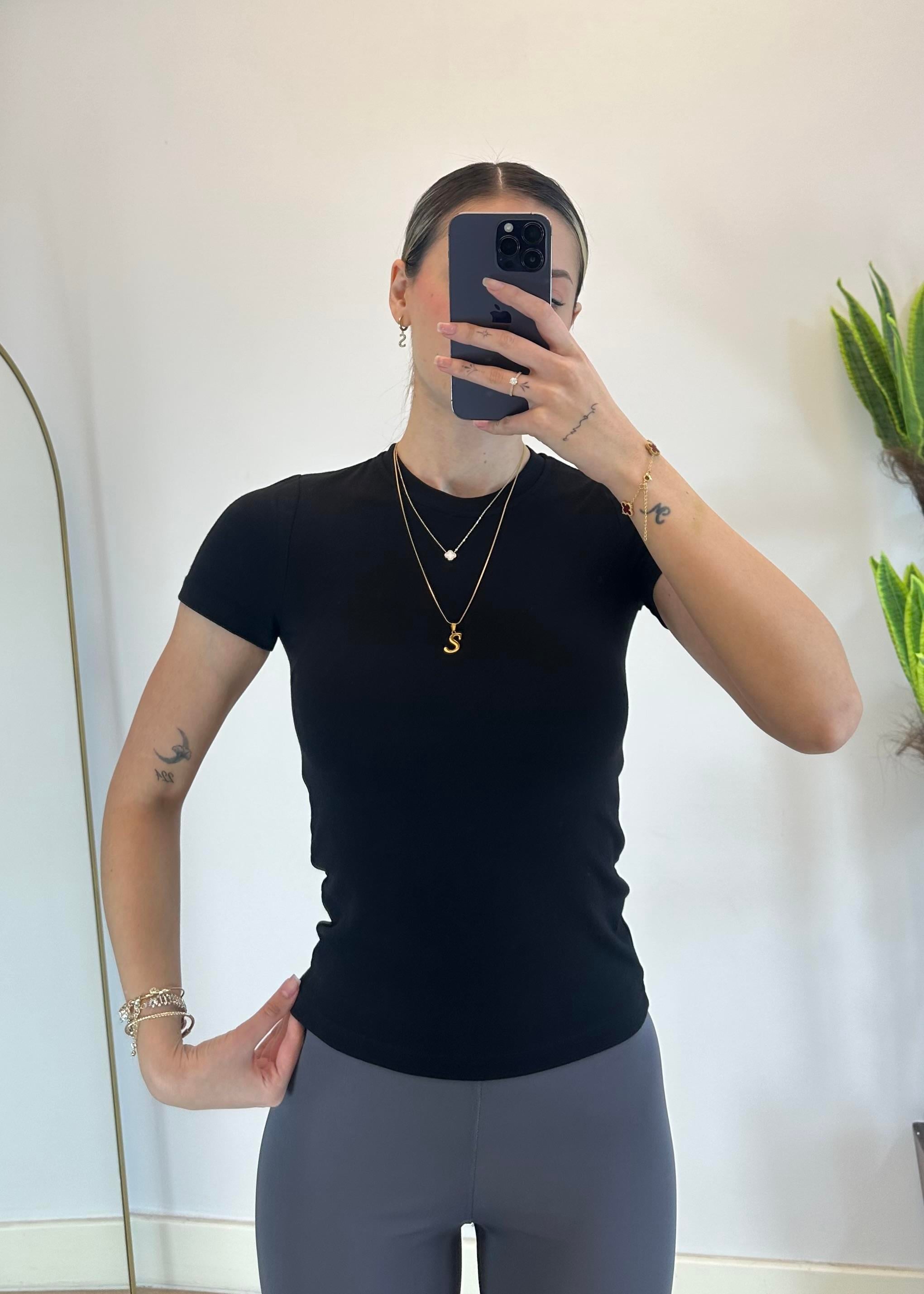Mary Yarım Kollu Siyah Pamuklu Body