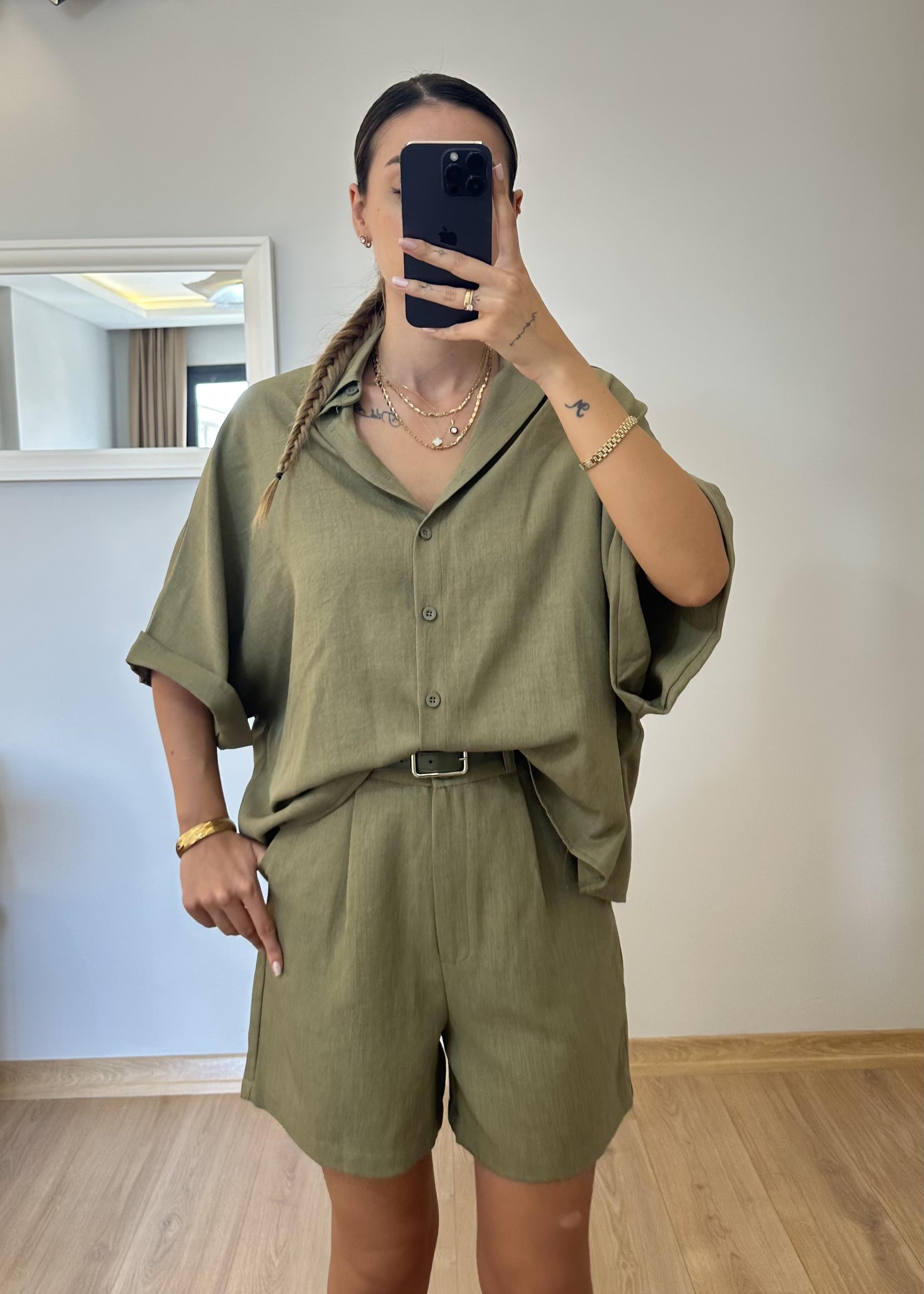 Mery Haki Kemerli Şort Gömlek Takım