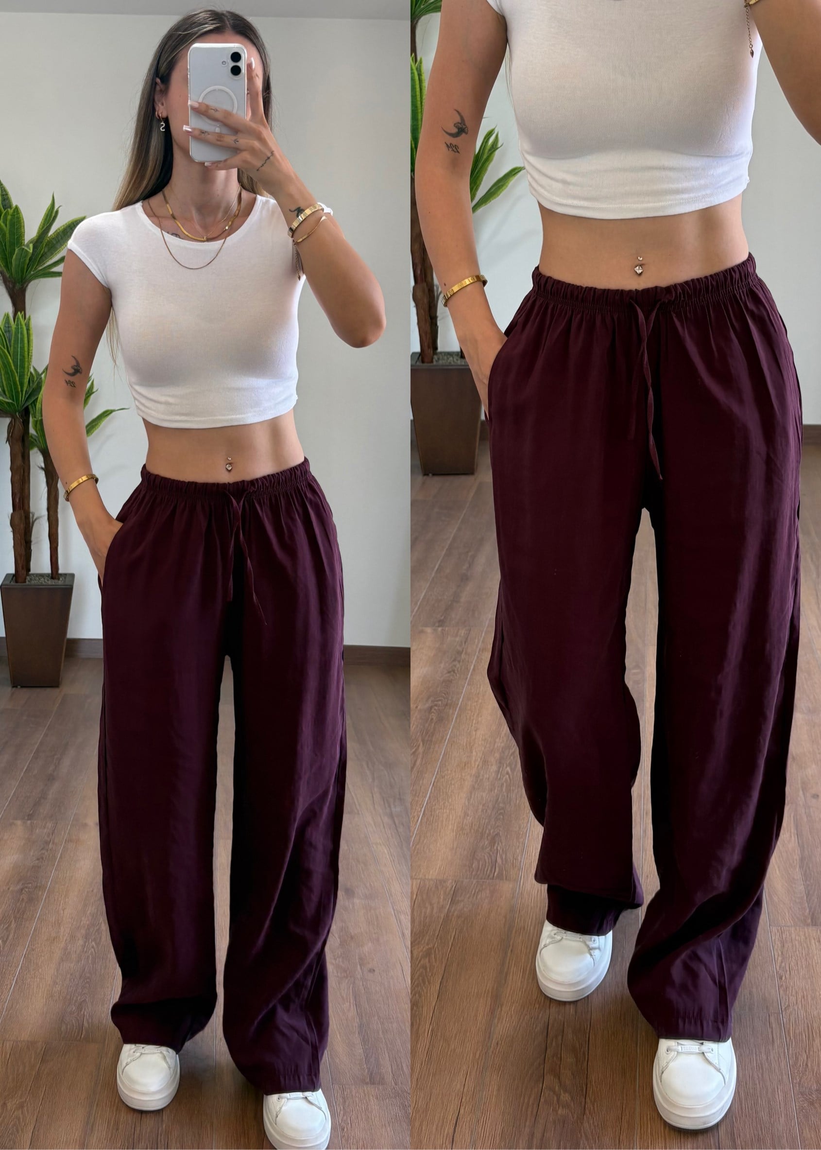 Modal Kumaş Bağlamalı Bordo Pantolon