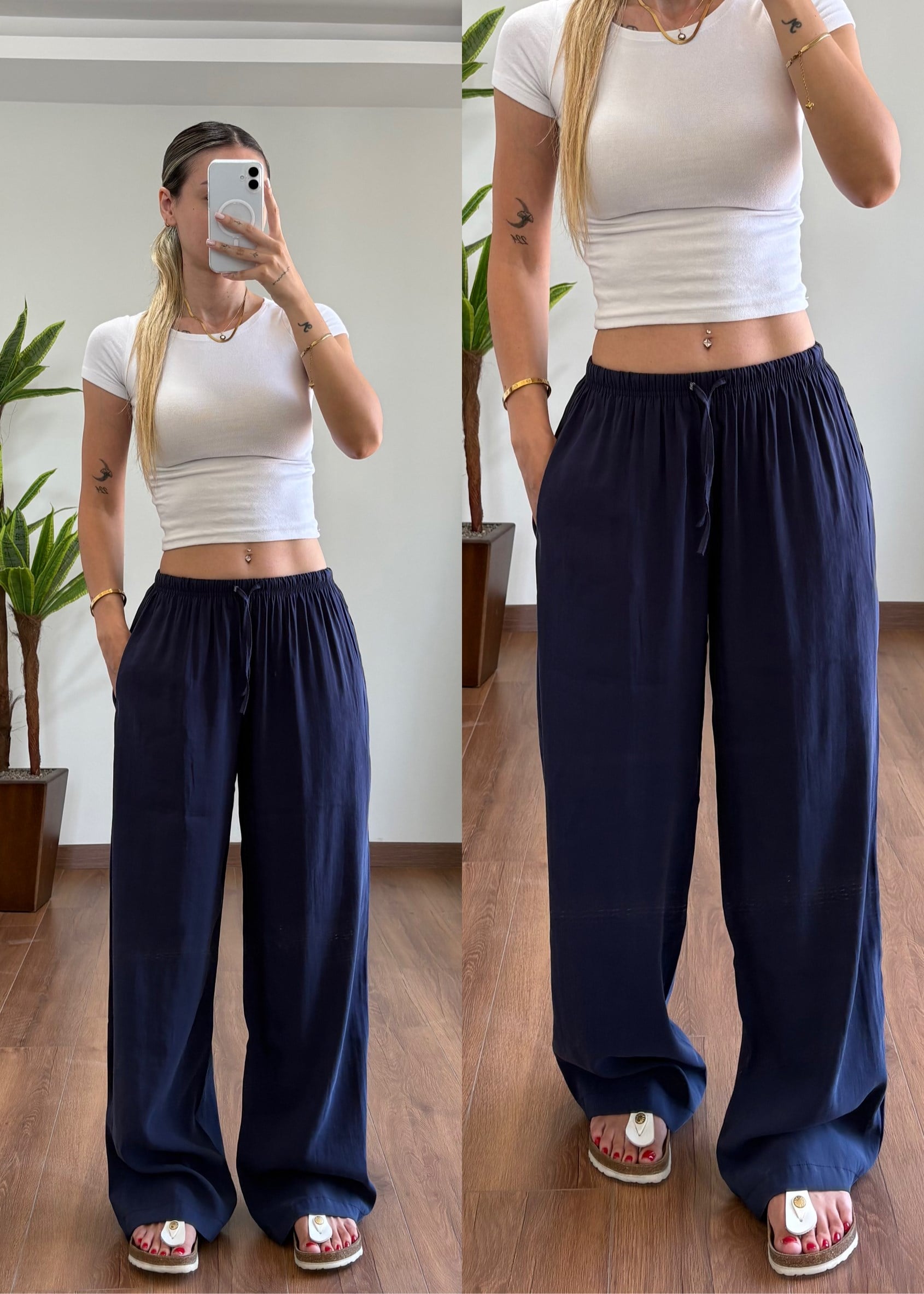 Modal Kumaş Bağlamalı Lacivert Pantolon