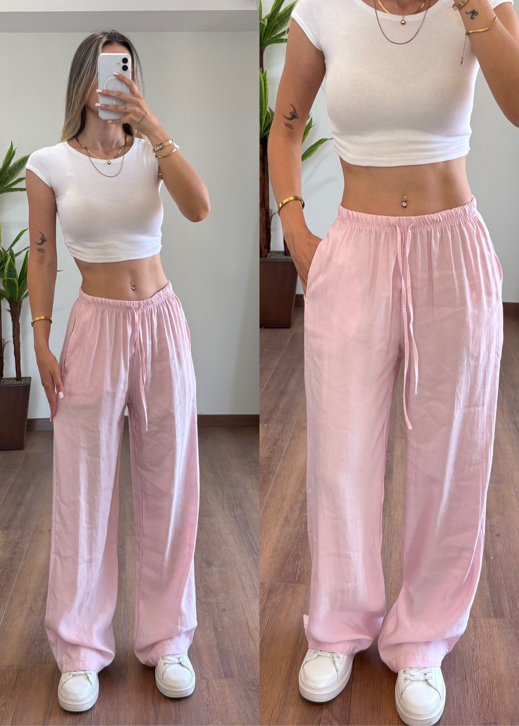 Modal Kumaş Bağlamalı Pembe Pantolon