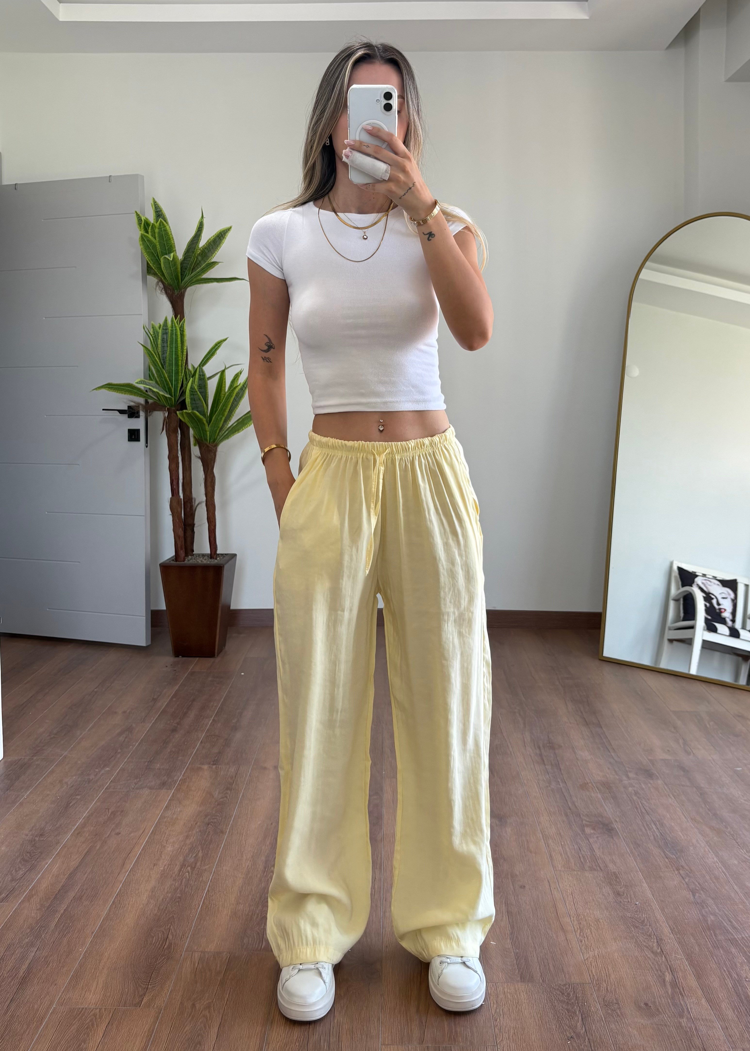 Modal Kumaş Bağlamalı Sarı Pantolon