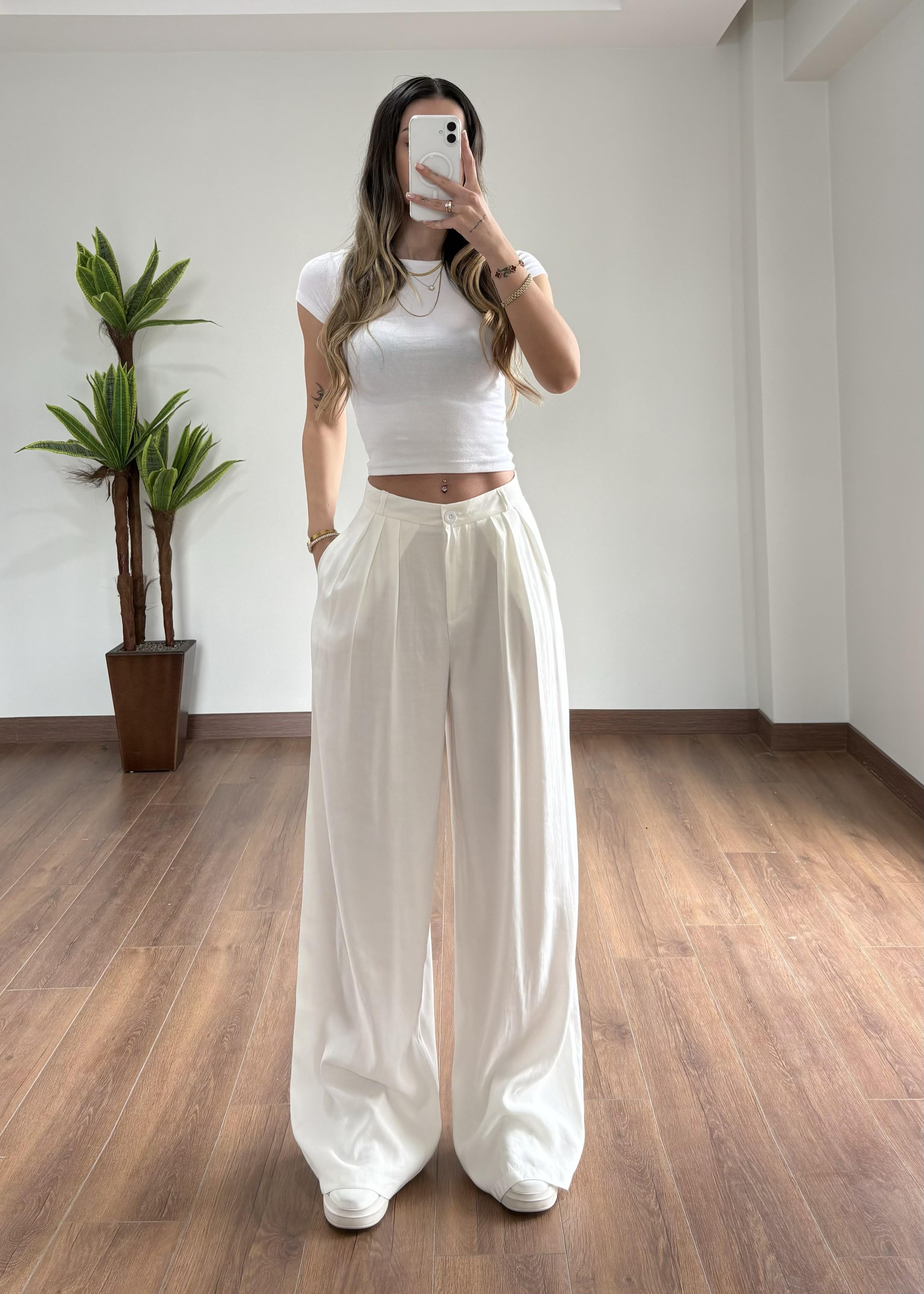 Modal Kumaş Beyaz Palazzo Pantolon