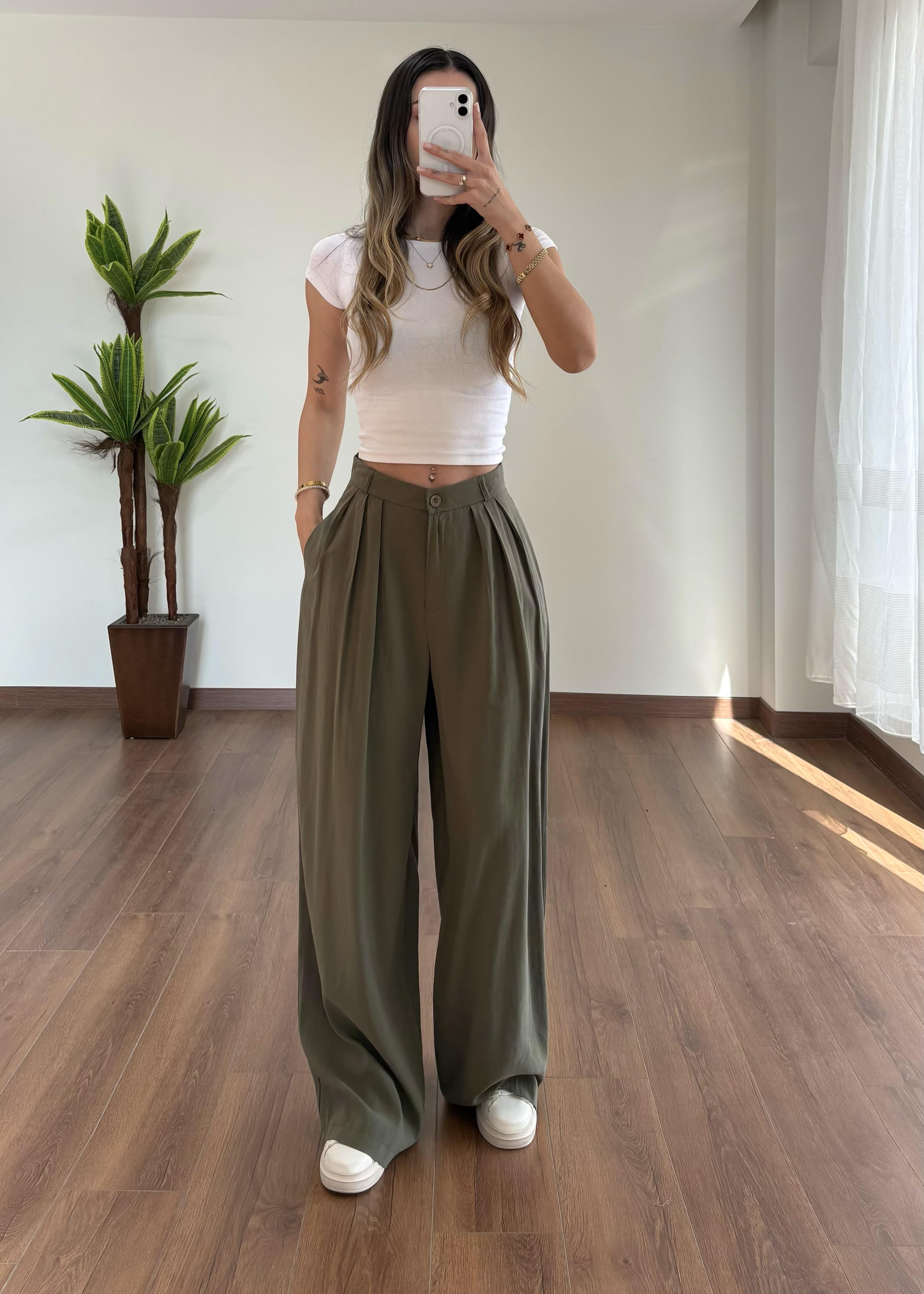 Modal Kumaş Haki Palazzo Pantolon