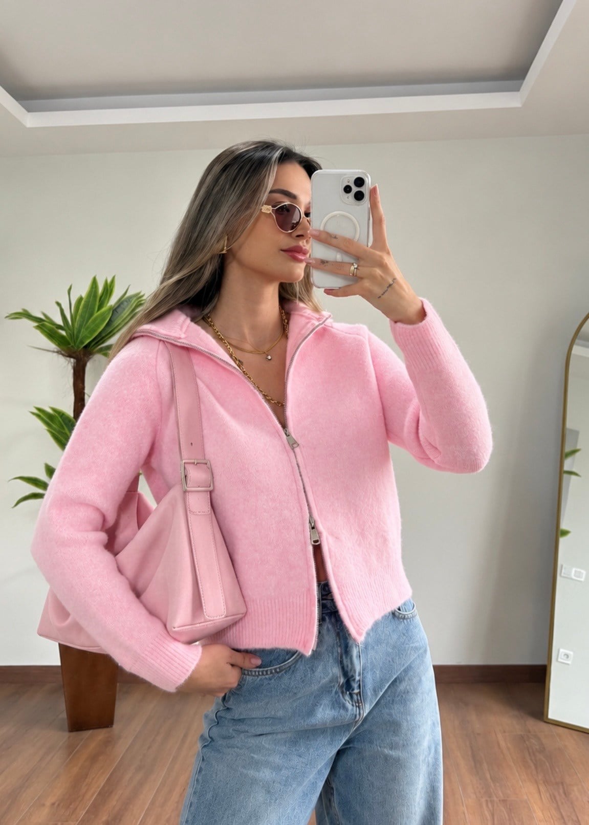 Pembe Çift Fermuar Hırka