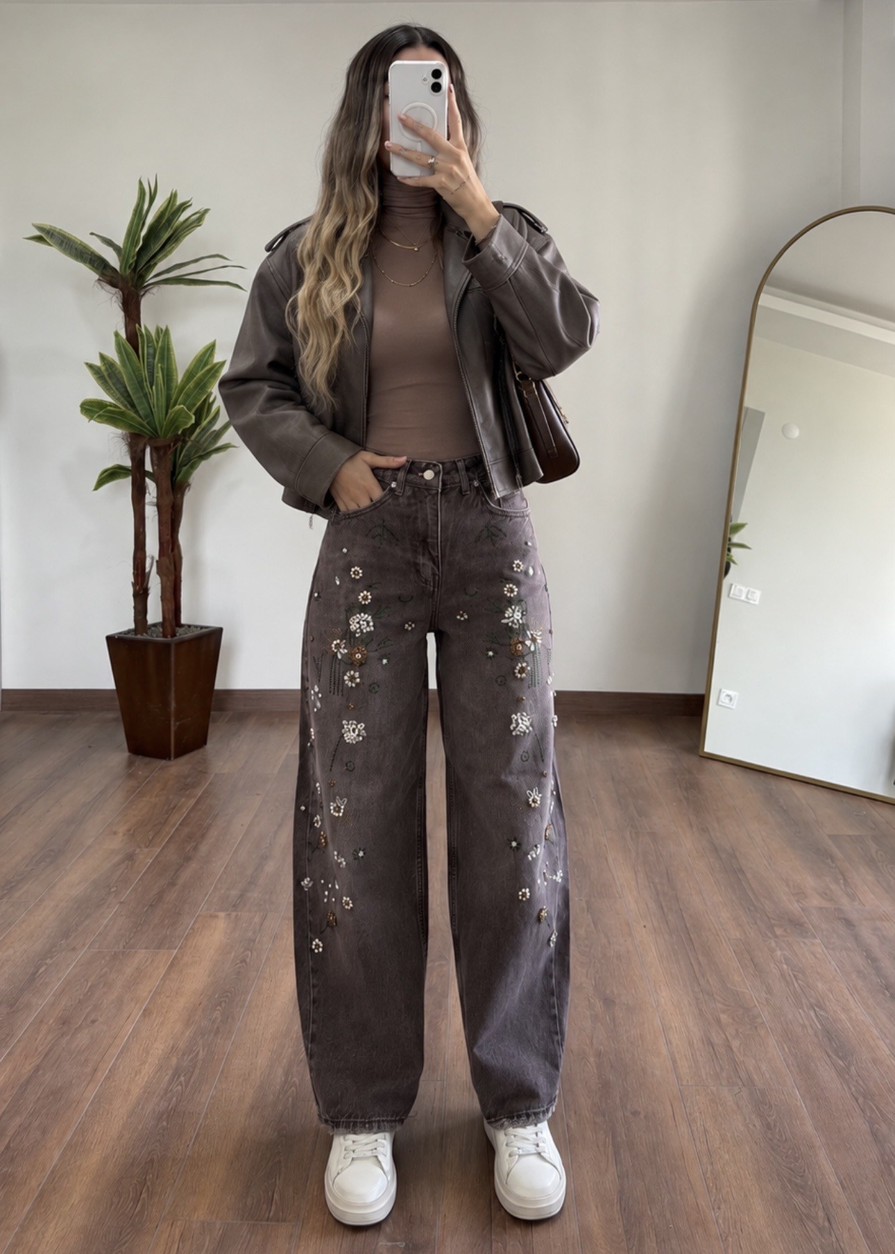 Perla Kahverengi Taşlı Jean