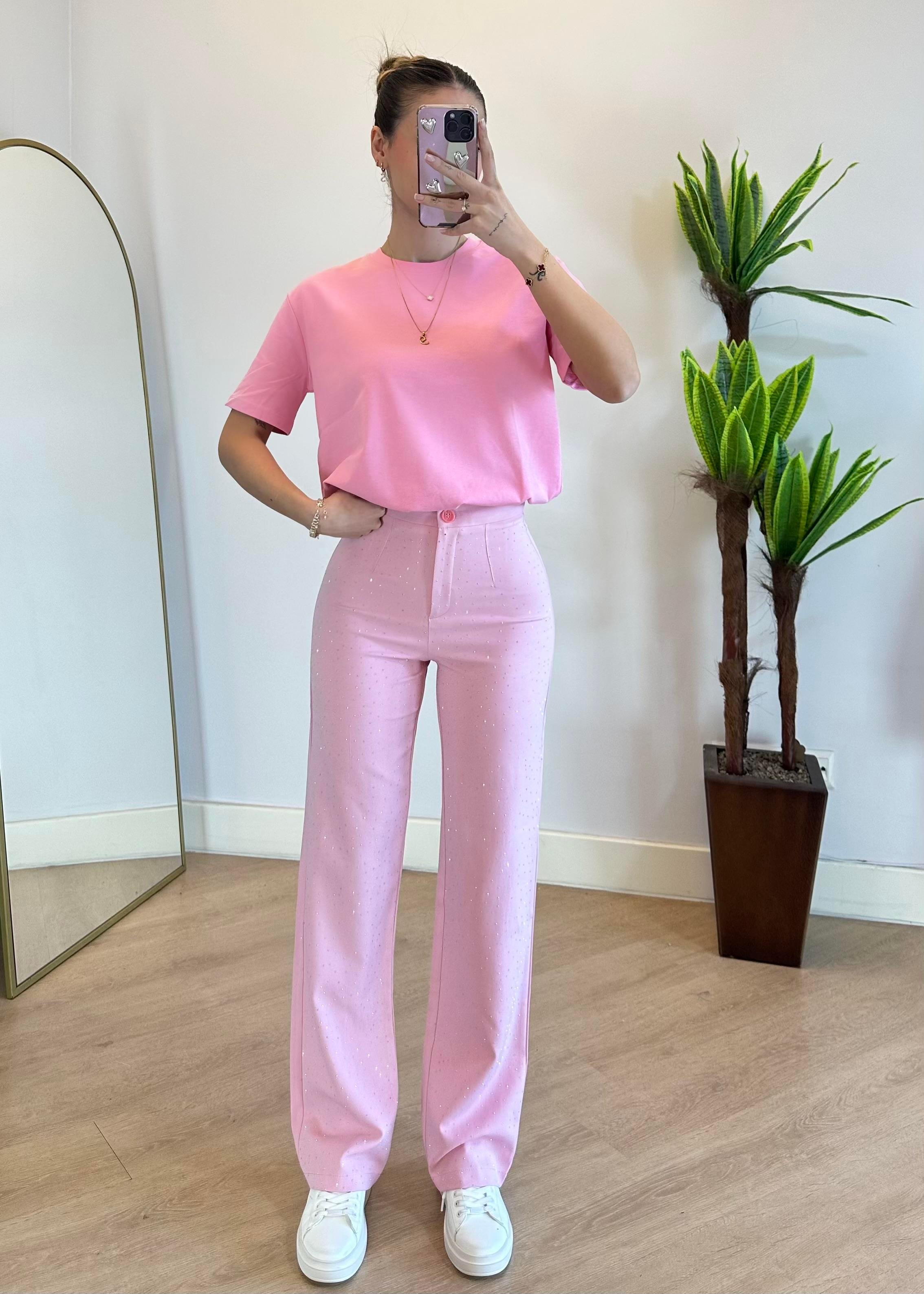 Pery Taşlı Pembe Kumaş Pantolon