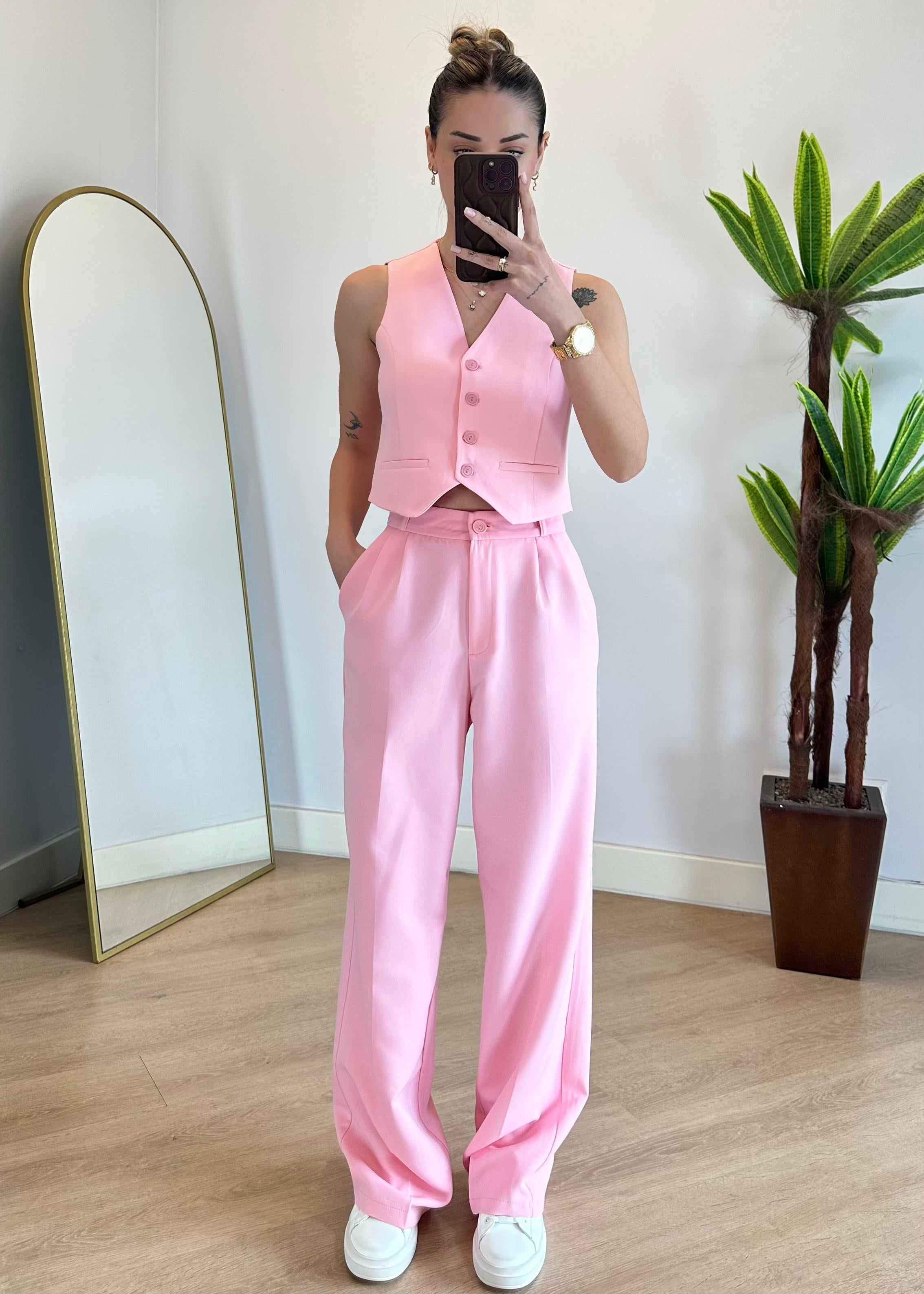 Roza Pembe Yelek Takım