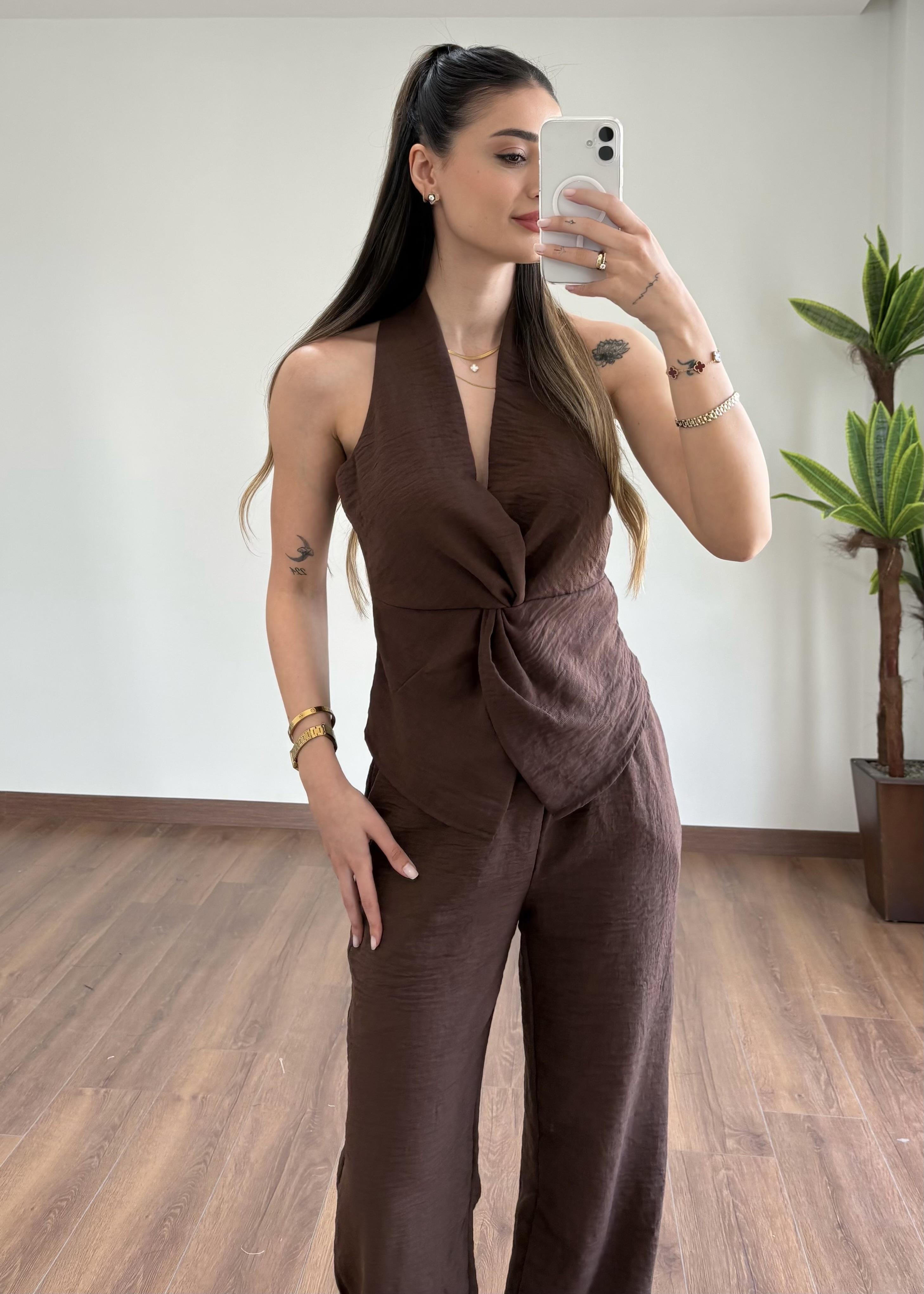Sara Kahve Bluz Detay Takım