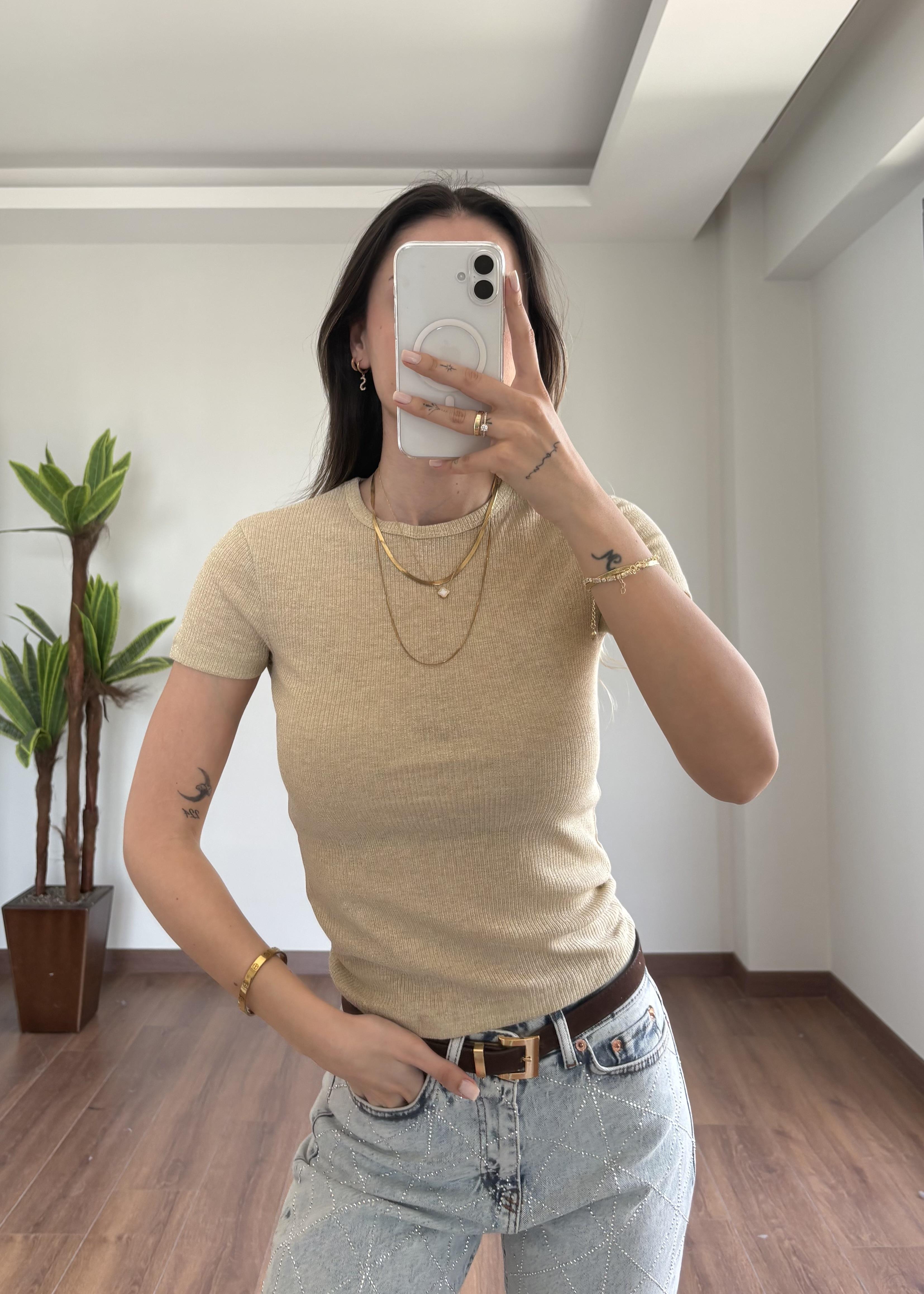 Simli Basic Krem Yarım Kol