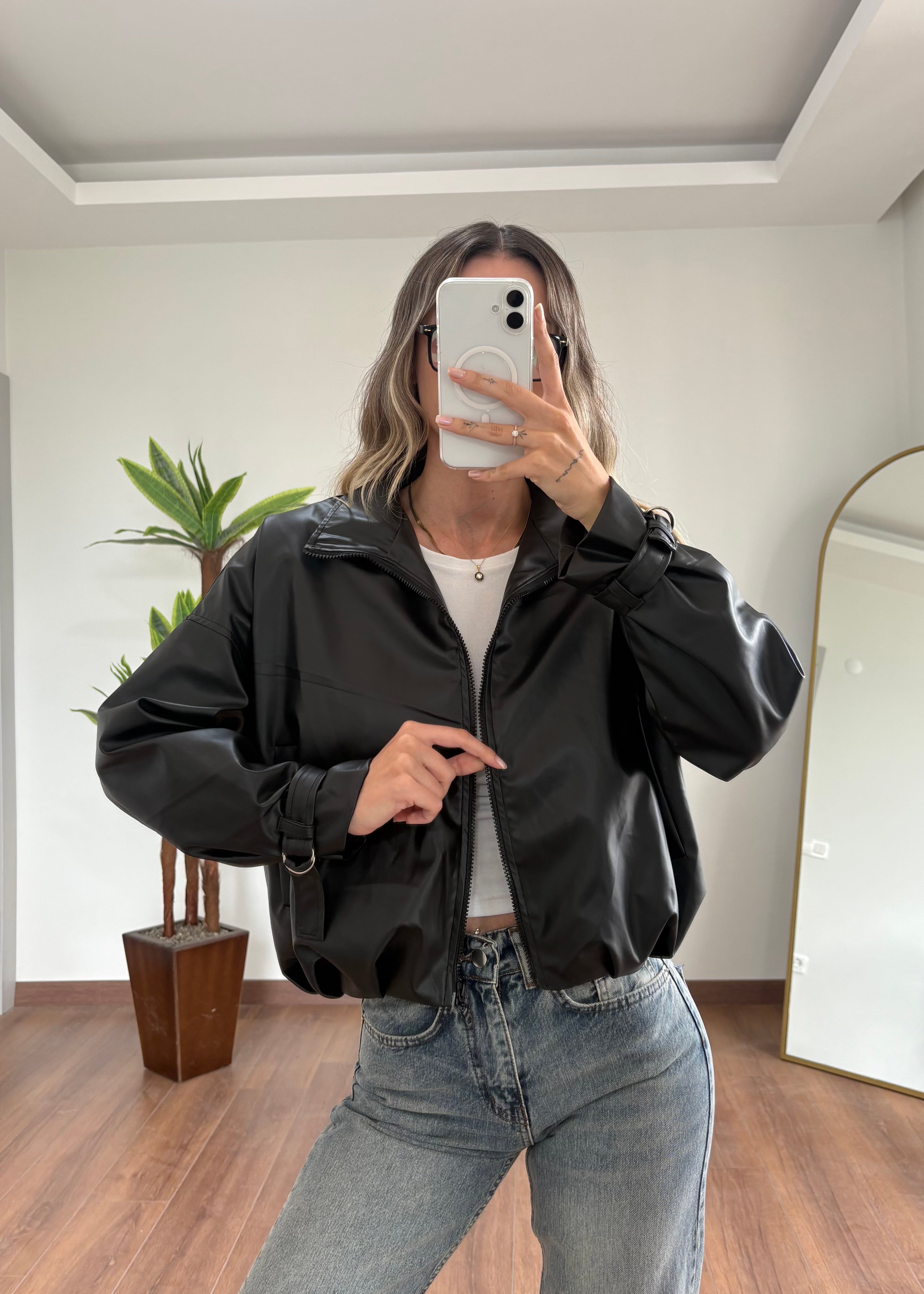 Siyah Deri Bomber Ceket
