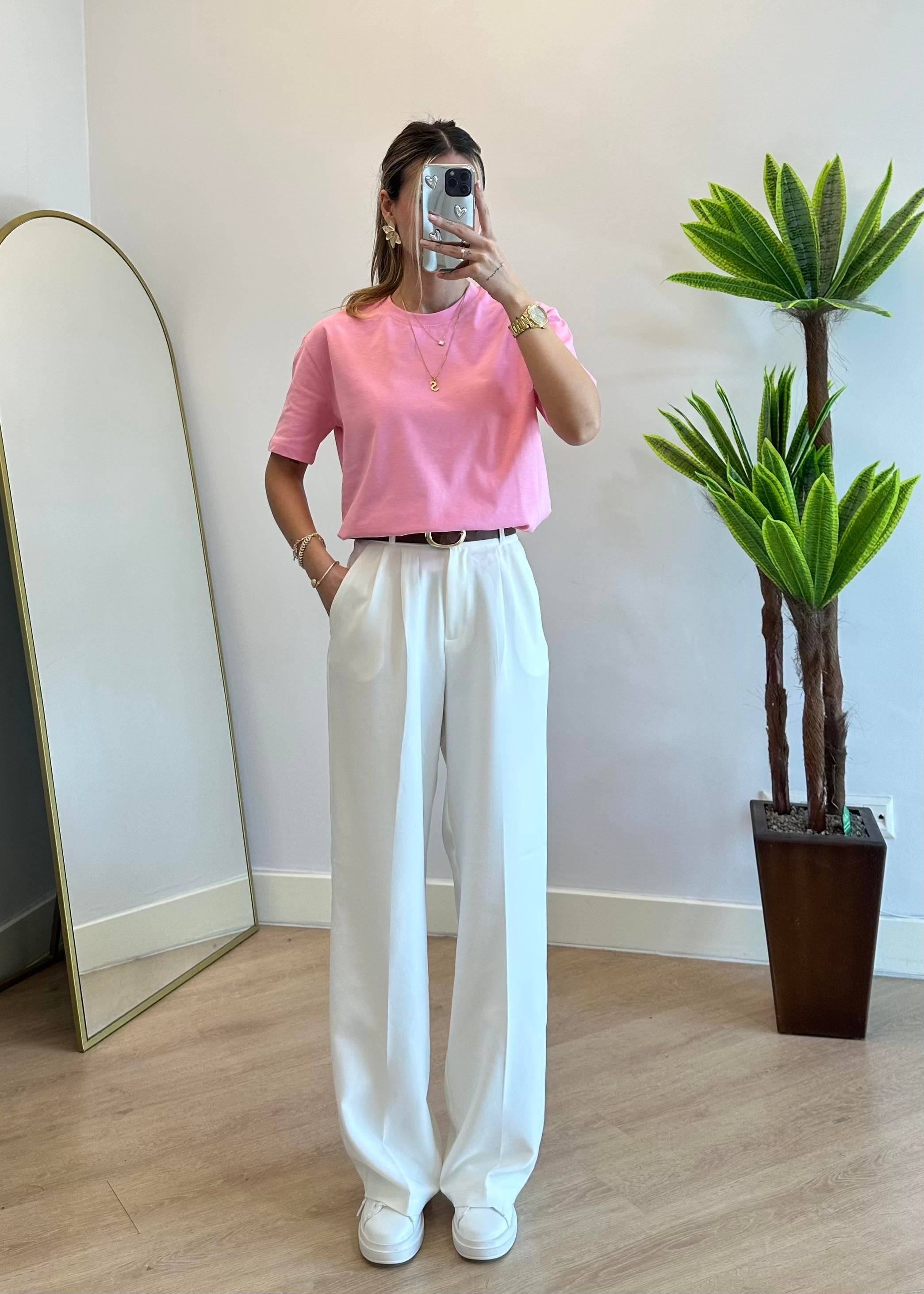 Wena Oversize Yarım Kol Pembe Basic T-shirt