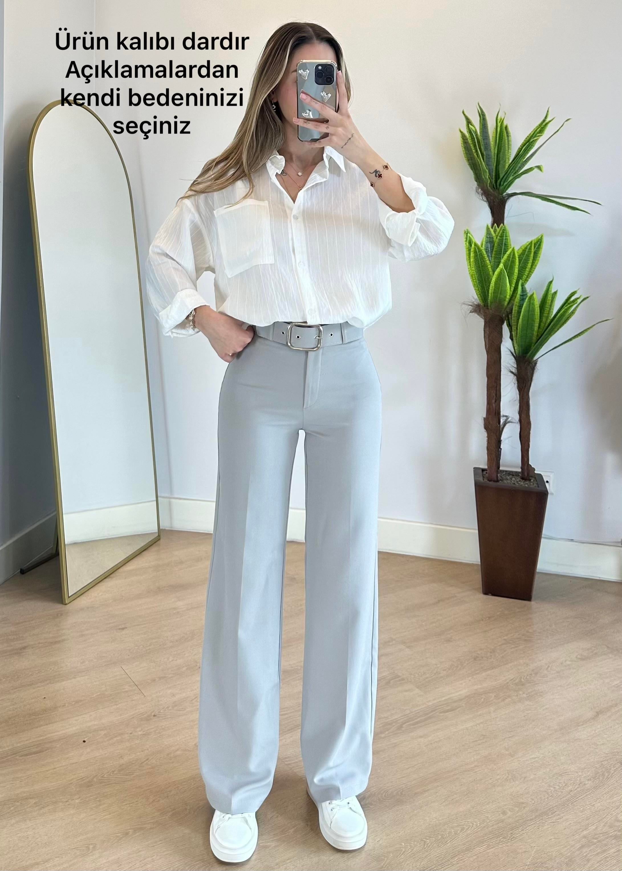 West Gri Kemerli Pantolon