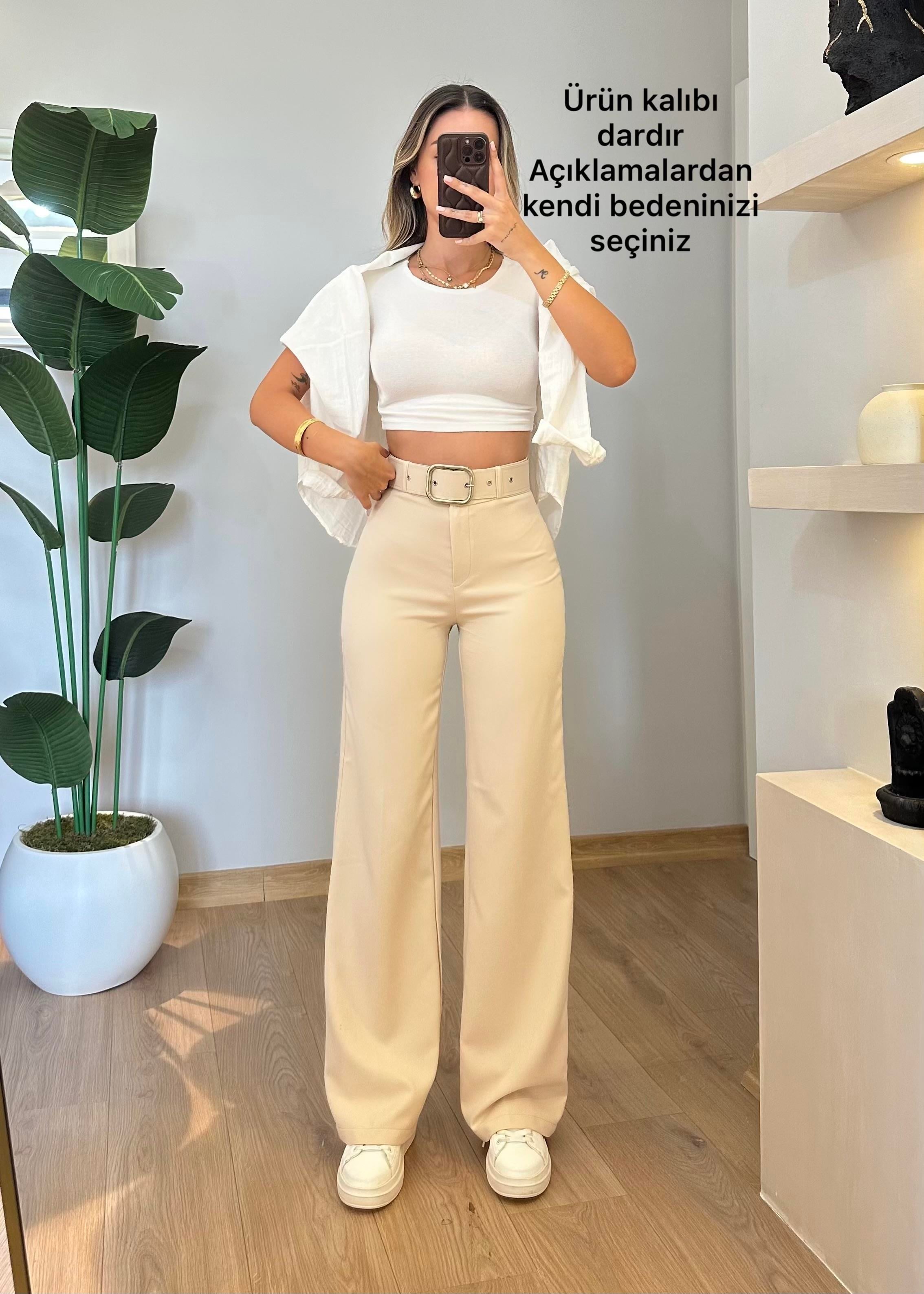 West Krem Kemerli Pantolon