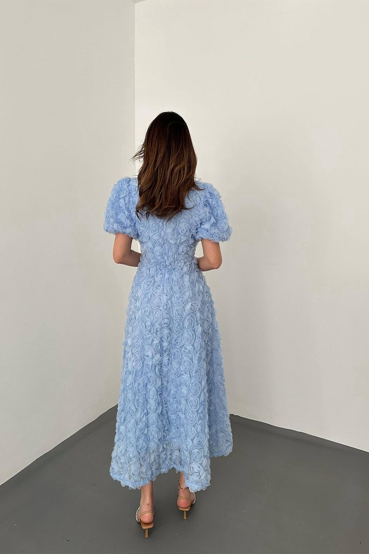 Toptan Bebe Mavi Güllü Elbise