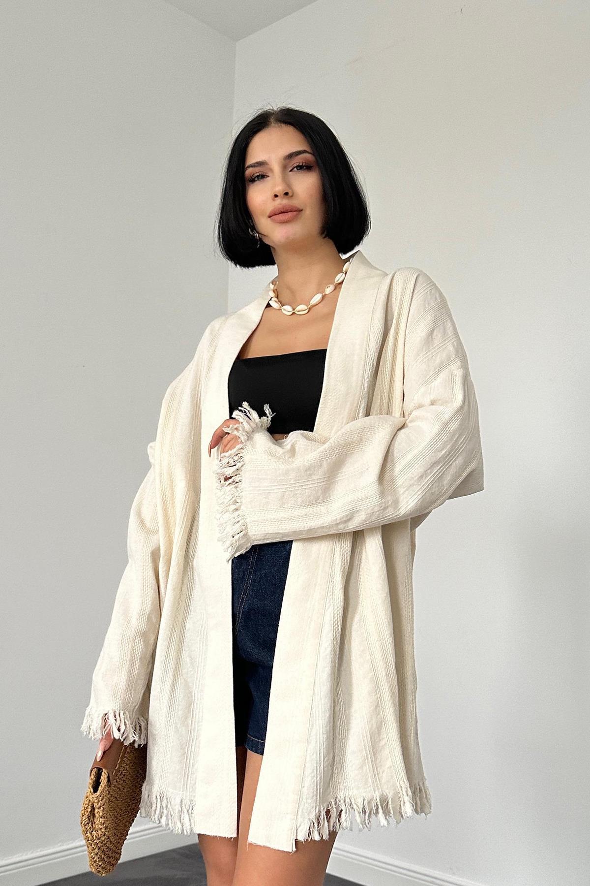 Wholesale Beige Kimono with Embroidered Tassel Detail on the Back