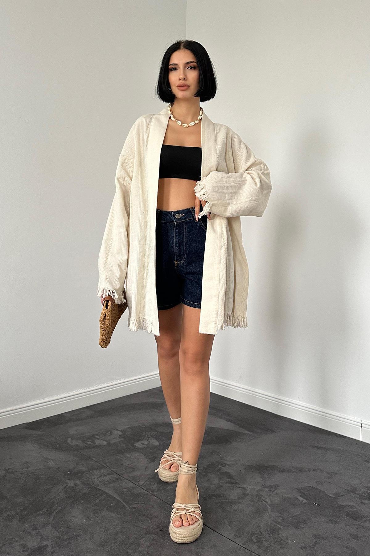 Wholesale Beige Kimono with Embroidered Tassel Detail on the Back