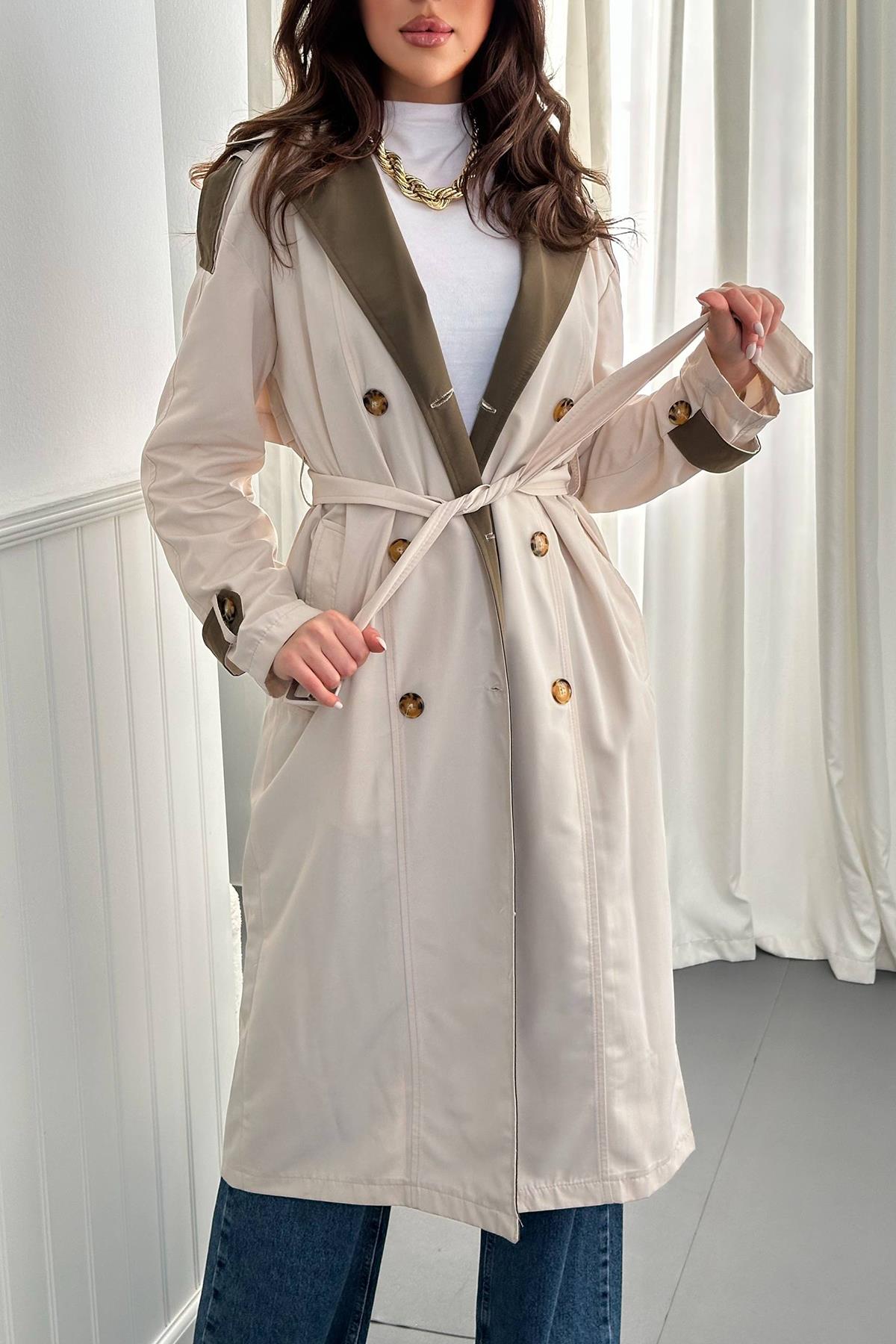 Toptan Bej Haki Arkası Çizgili ve Kemerli Trençkot