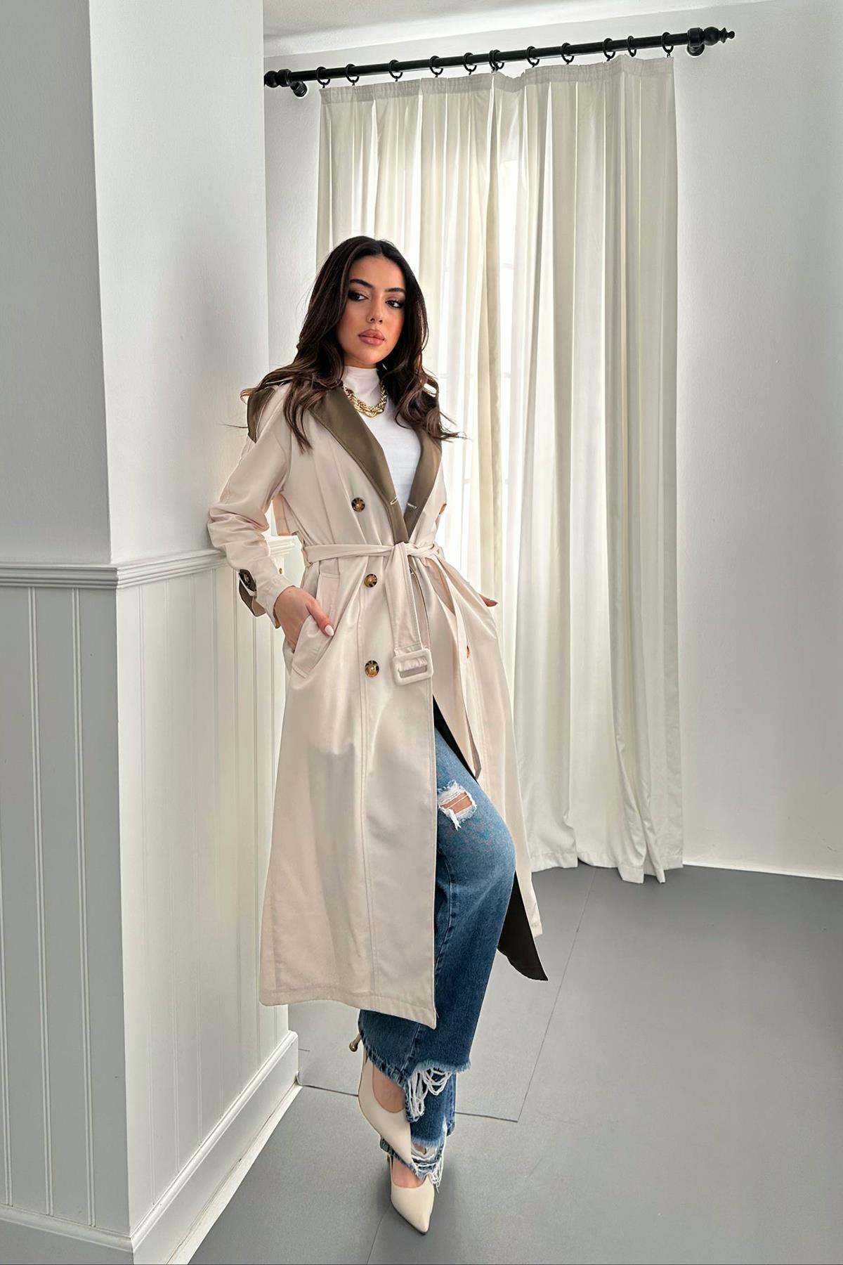 Toptan Bej Haki Arkası Çizgili ve Kemerli Trençkot