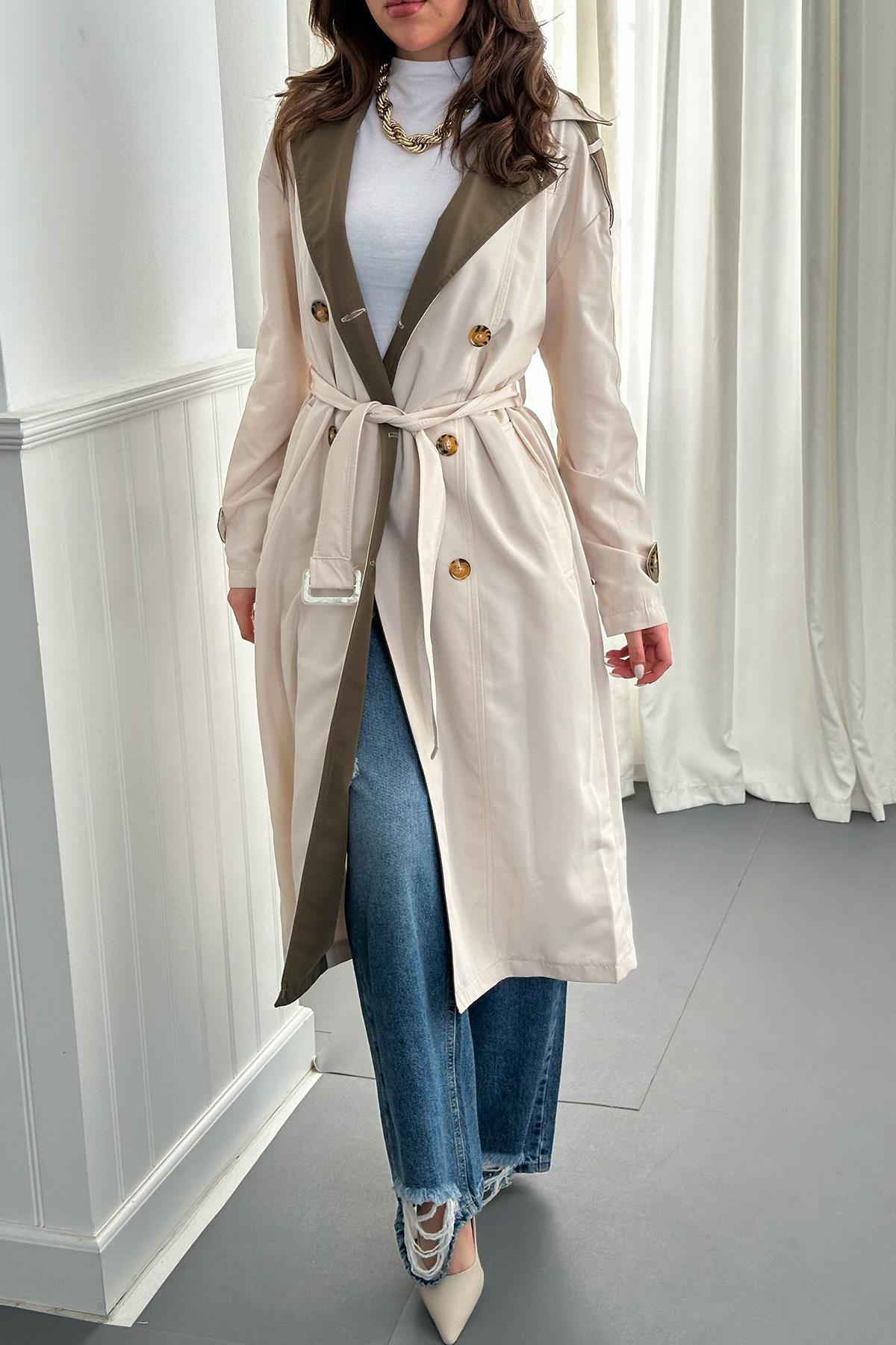 Toptan Bej Haki Arkası Çizgili ve Kemerli Trençkot