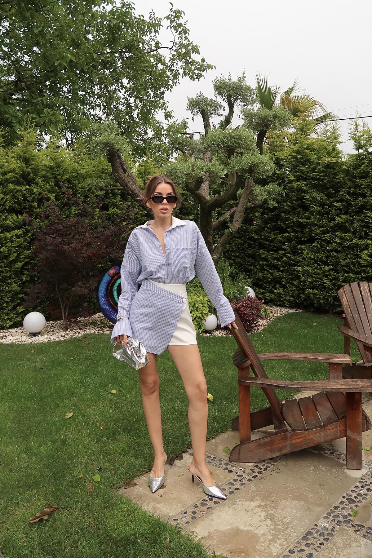 Toptan Beyaz Çizgili Etek Şort