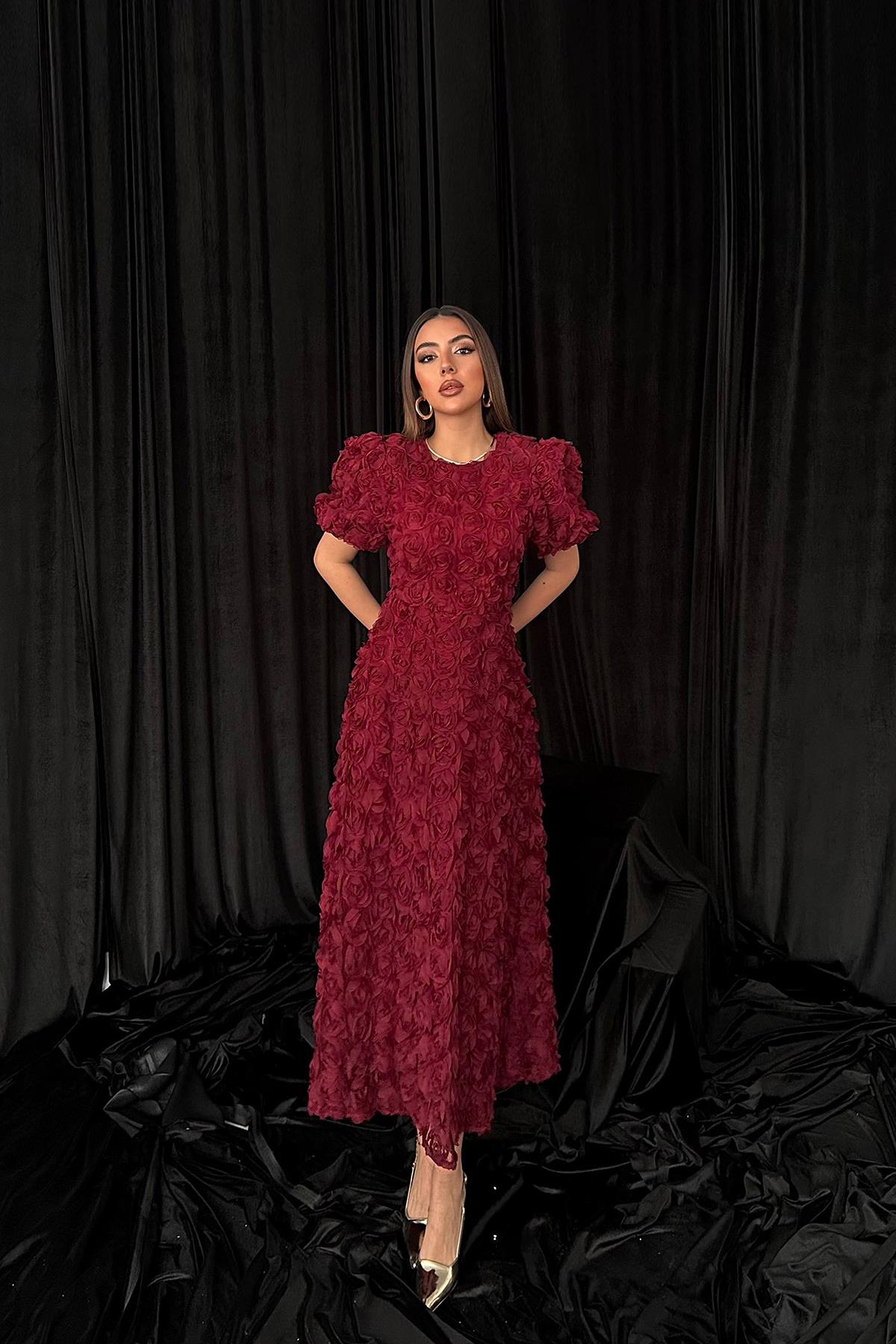 Toptan Bordo Güllü Elbise