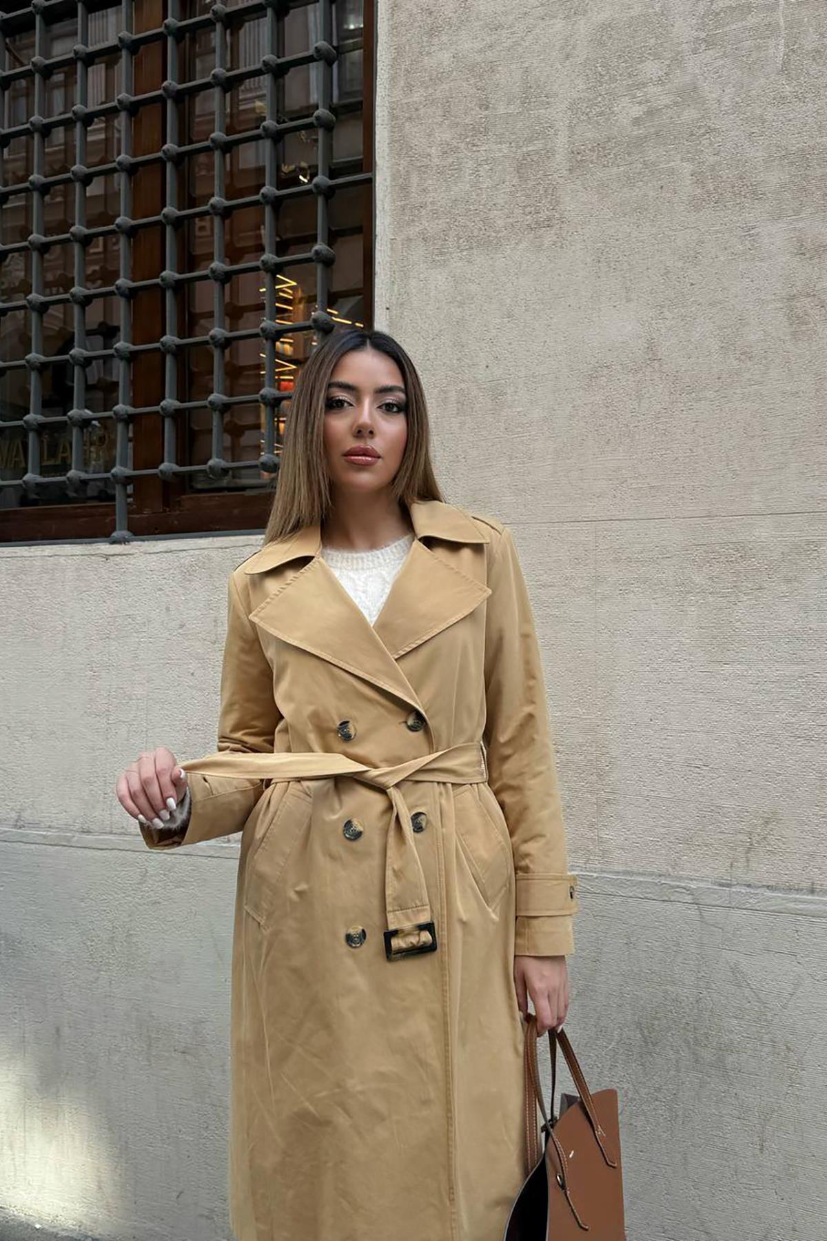 Toptan Camel Uzun Kemerli Trençkot