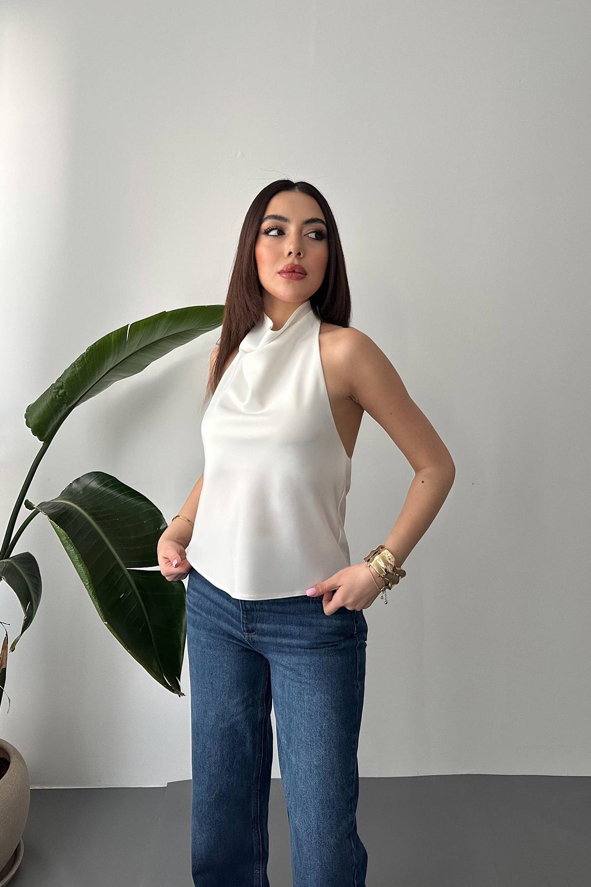 Toptan Ekru Degaje Saten Bluz