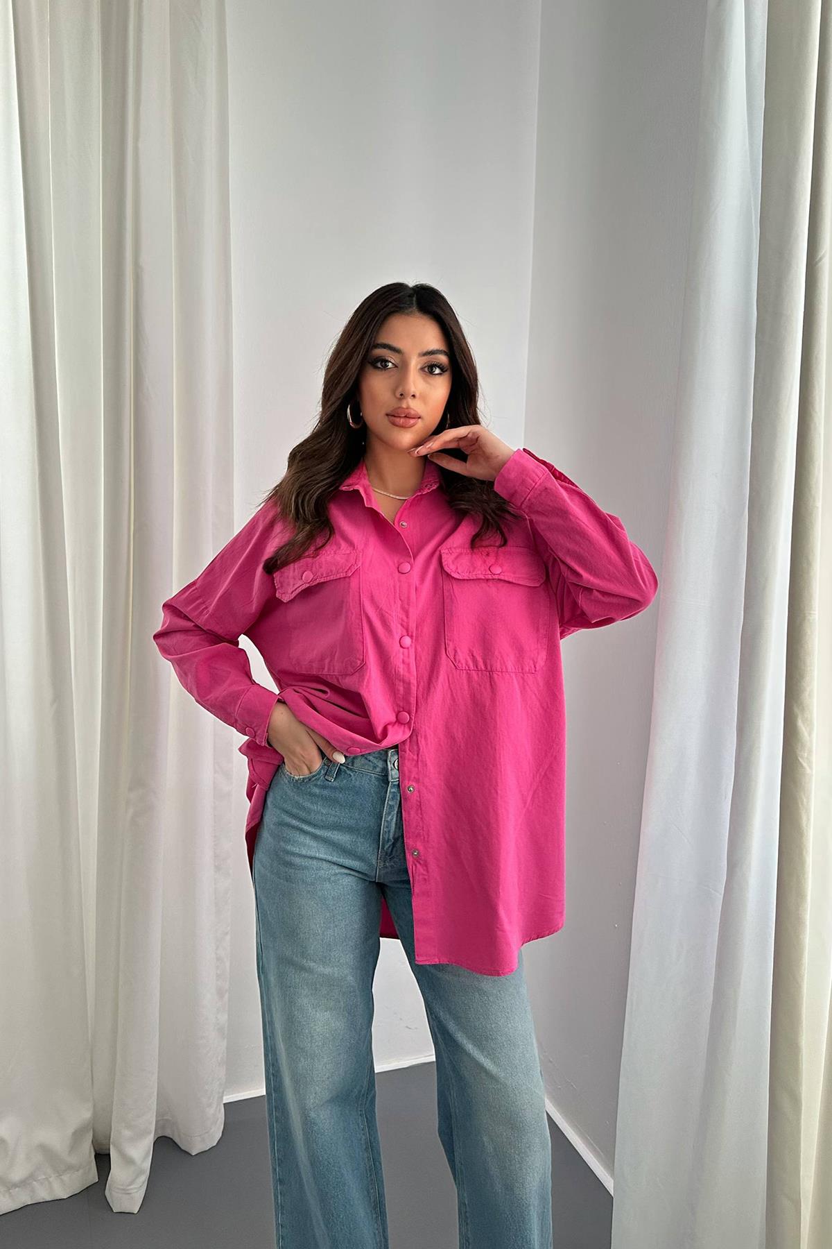 Wholesale Fuchsia Double Pocket Flap Snap Shirt