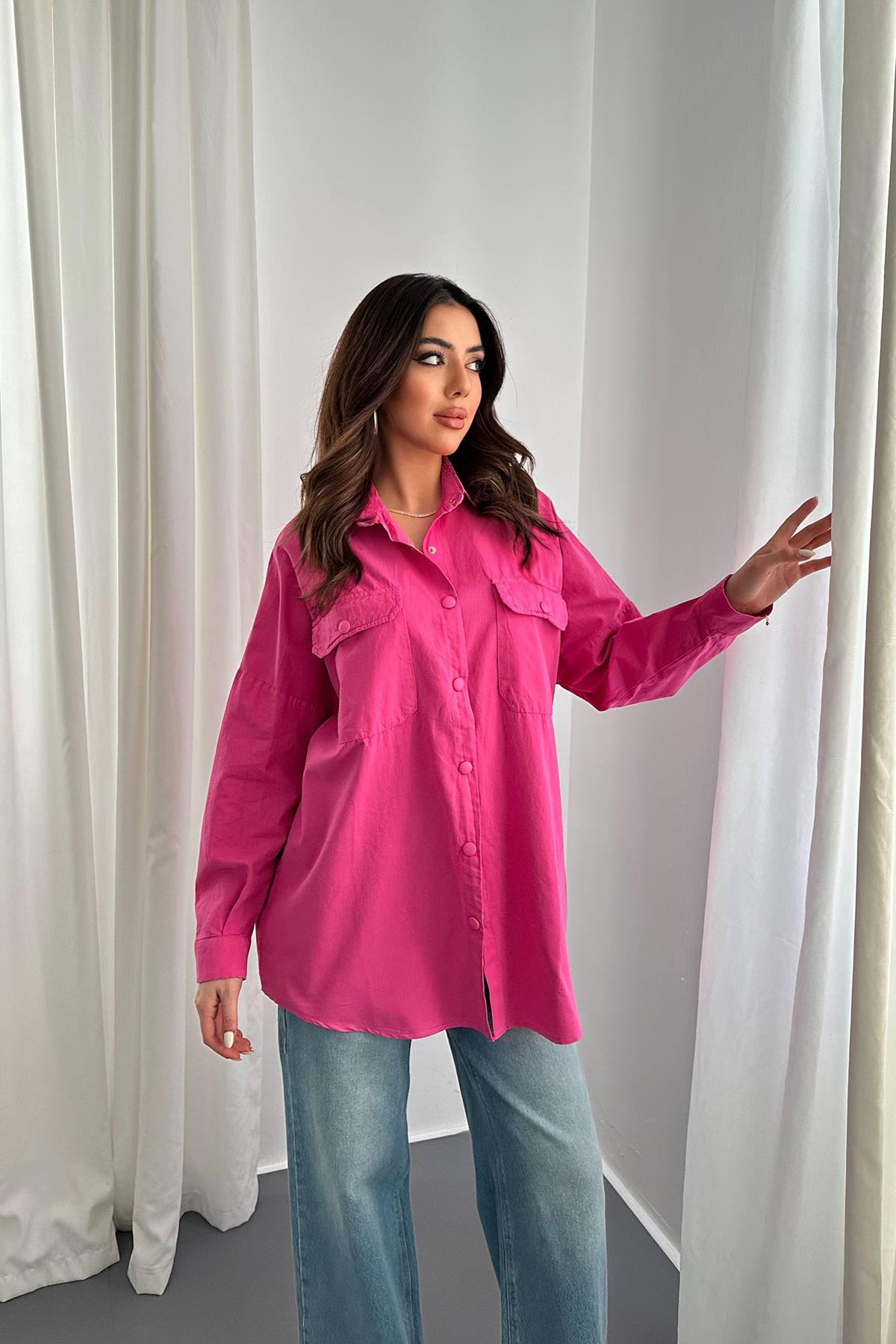 Wholesale Fuchsia Double Pocket Flap Snap Shirt
