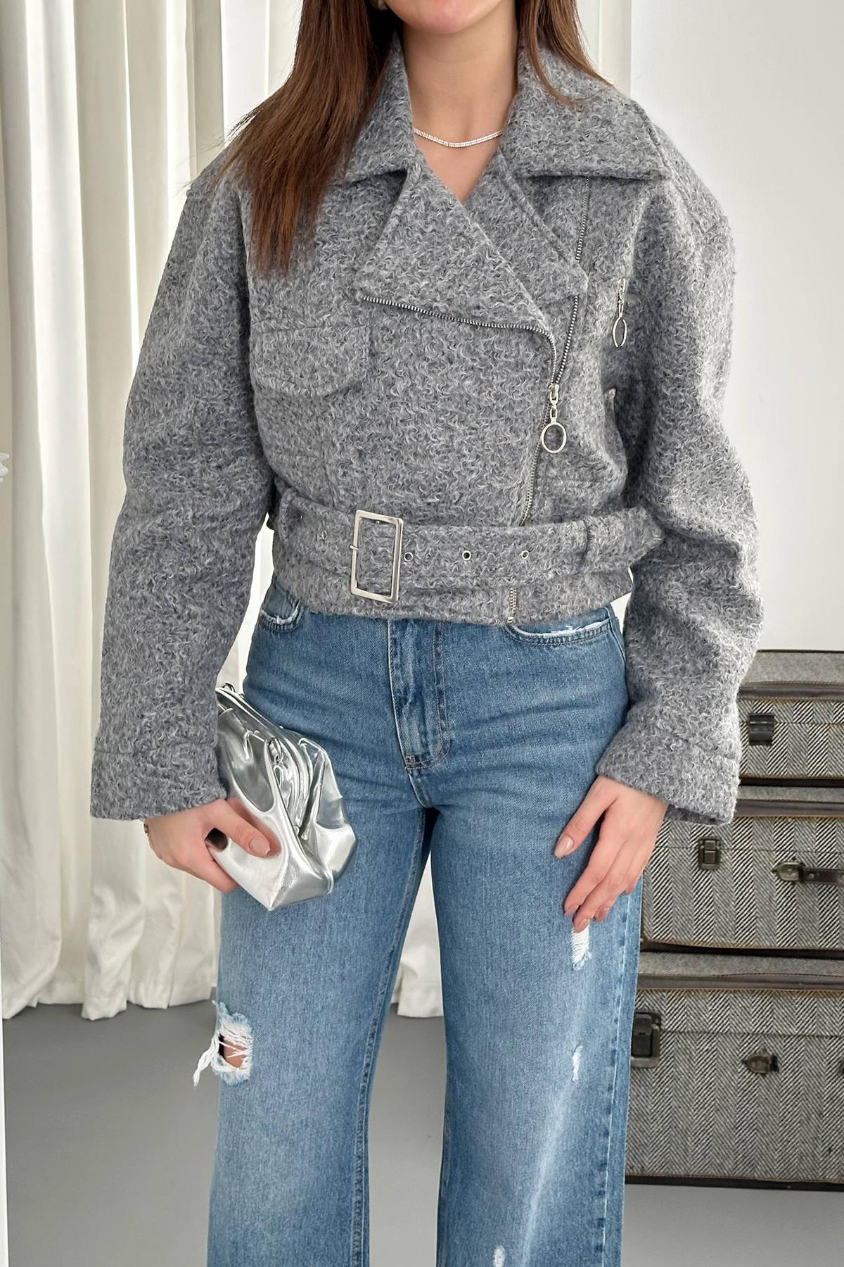 Toptan Gri Kuşgözü Kaşe Manto