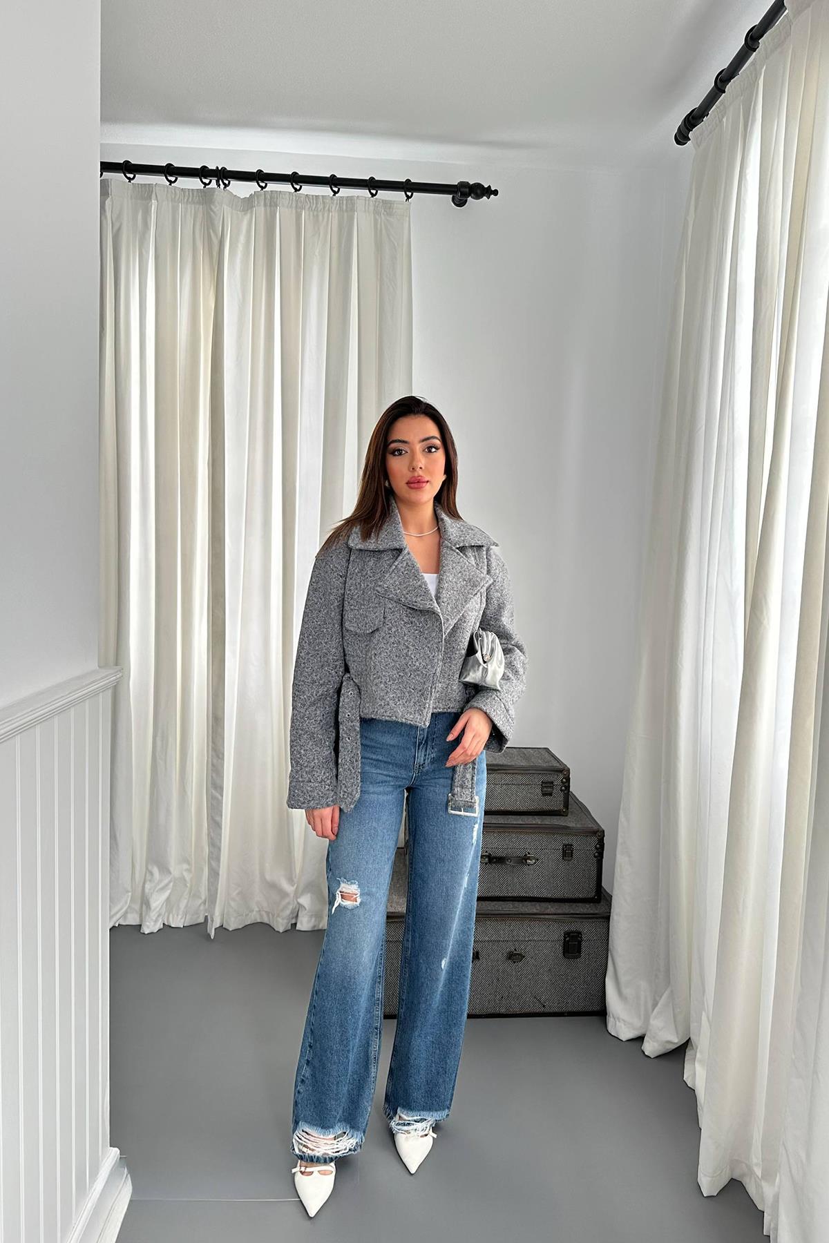 Toptan Gri Kuşgözü Kaşe Manto