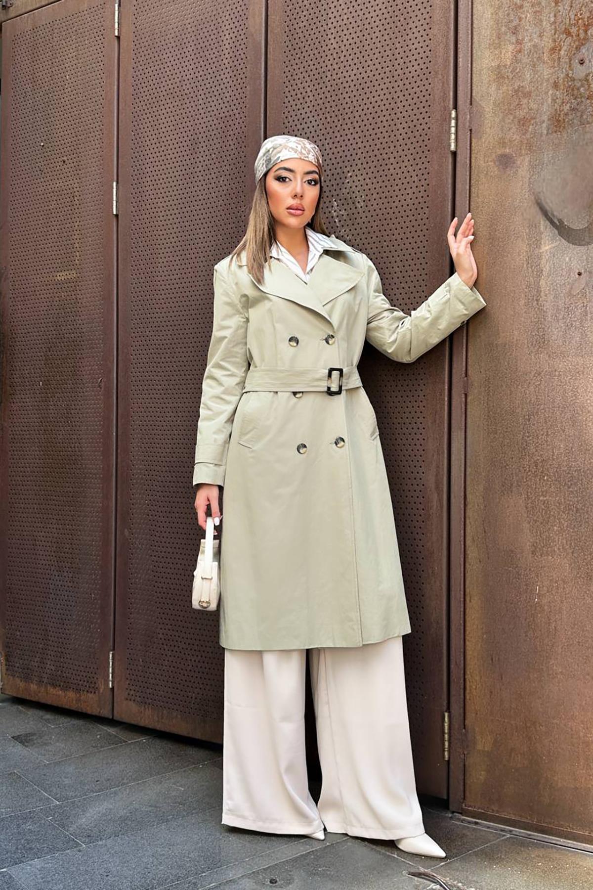 Toptan Haki Uzun Kemerli Trençkot