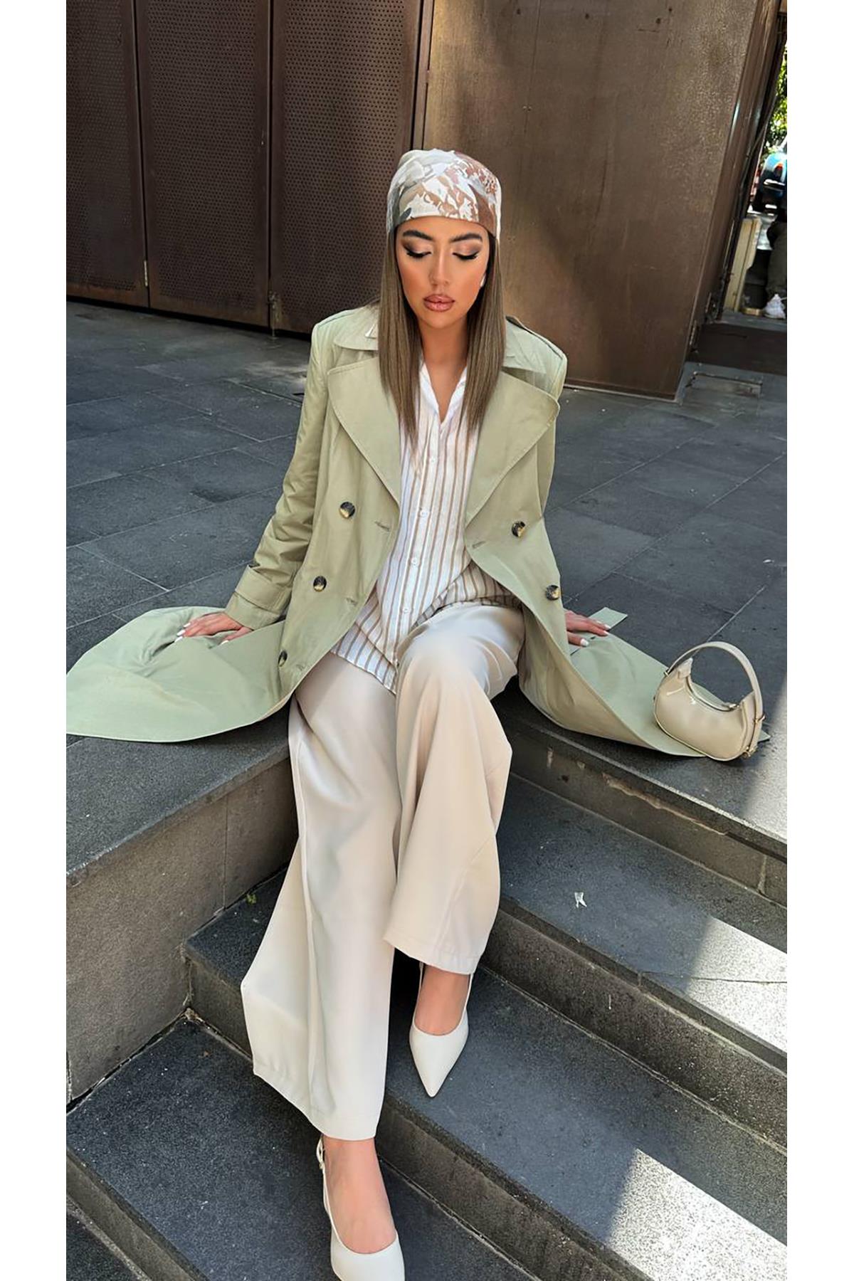 Toptan Haki Uzun Kemerli Trençkot