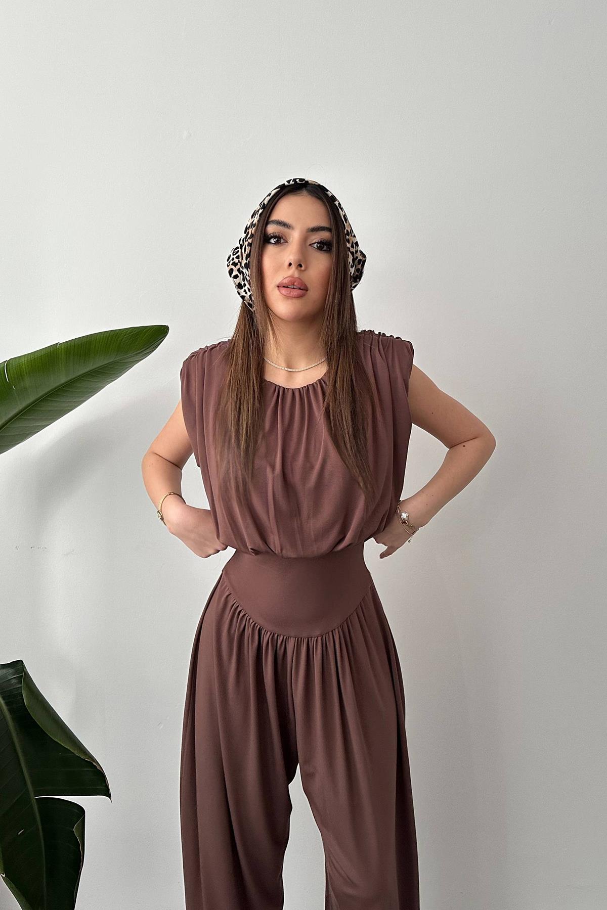 Toptan Kahverengi Büzgülü Tulum