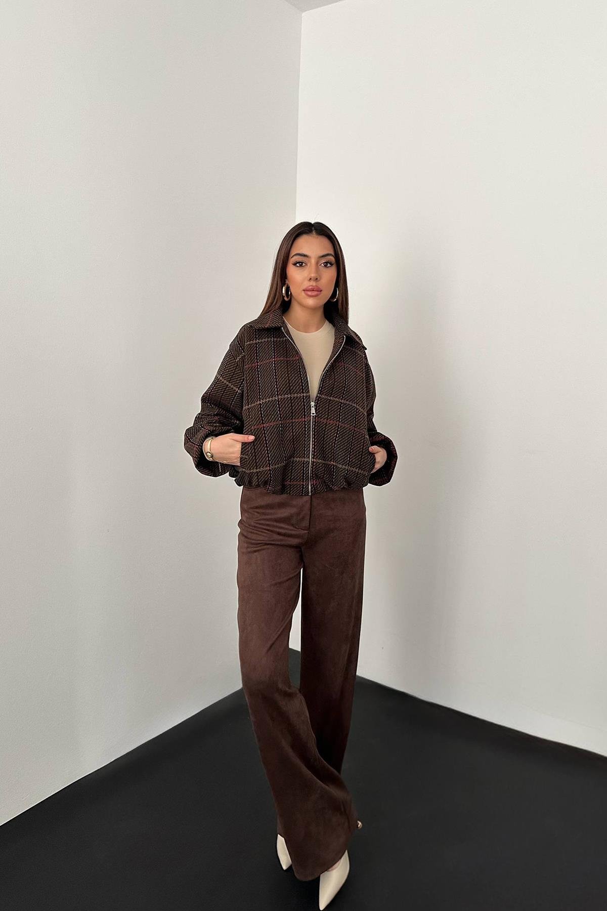 Toptan Kahverengi Ekoseli Ceket