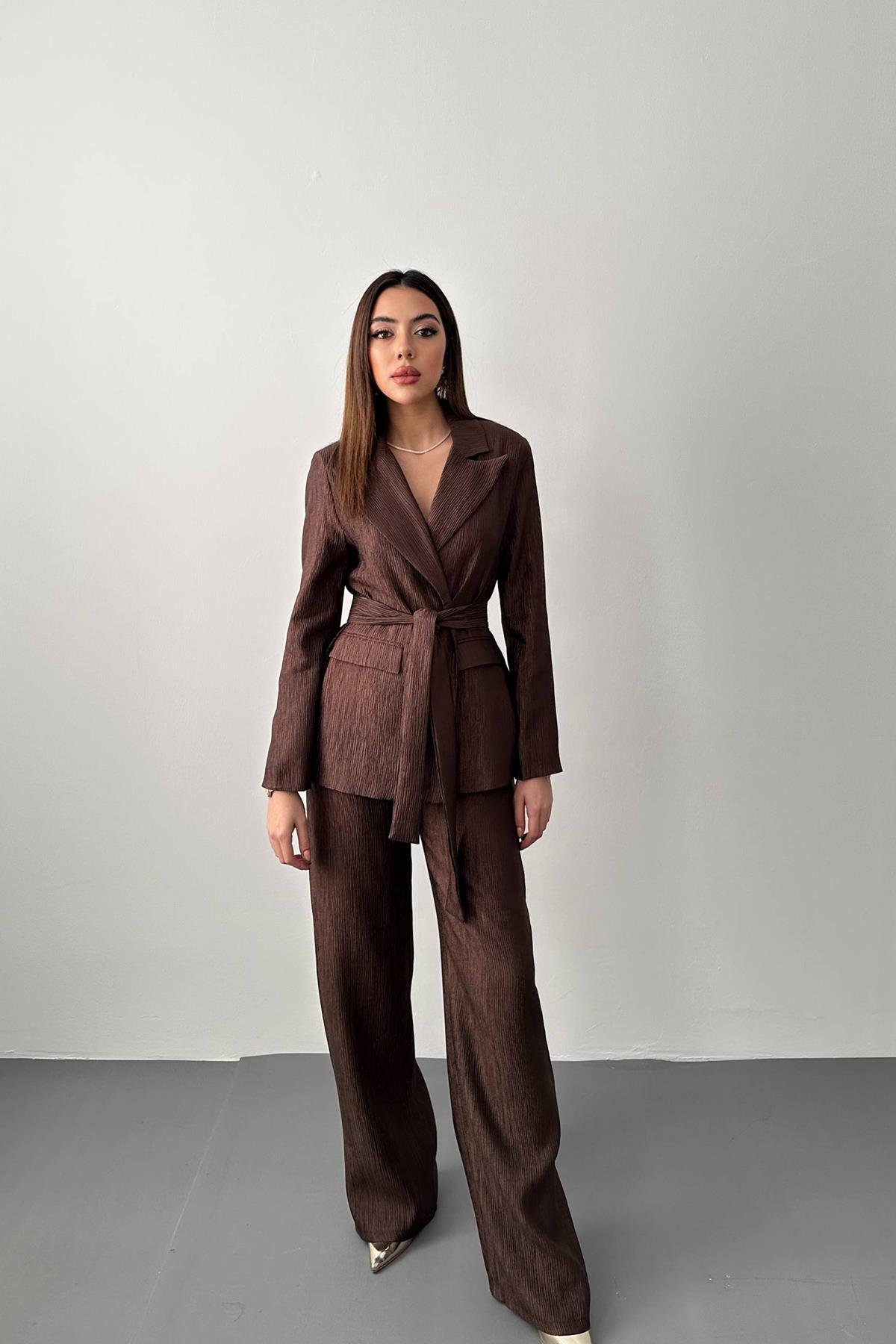 Toptan Kahverengi Parlak Beli Kuşaklı Takım